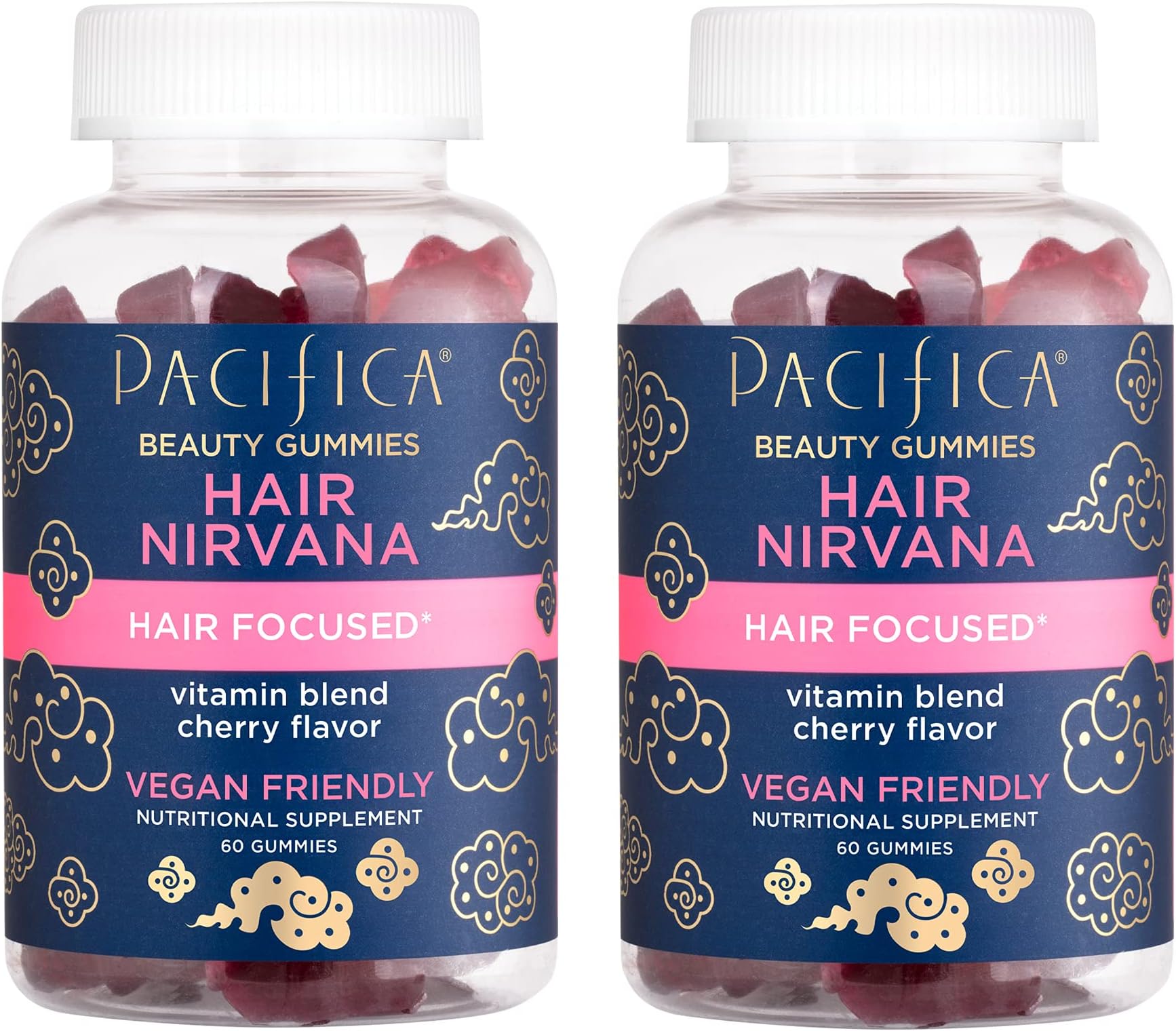 Pacifica Beauty Nirvana Gummies Supplement for Hair Support, Wheat, Soy + Gluten Free, Vitamin E, C, Biotin, Vegan & Cruelty Free, Red, Cherry, 60 Count, Pack of 2