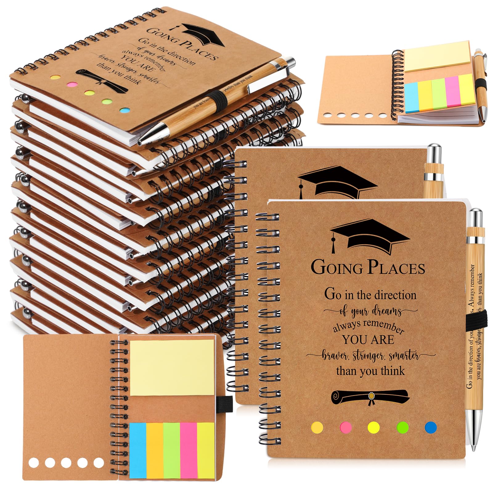Dinifee 10 Set Graduation Gift Bulk 2026 Inspirational Spiral Kraft Notebook with Sticky Note Bamboo Ballpoint Pen Notepad for Graduation Party Favors