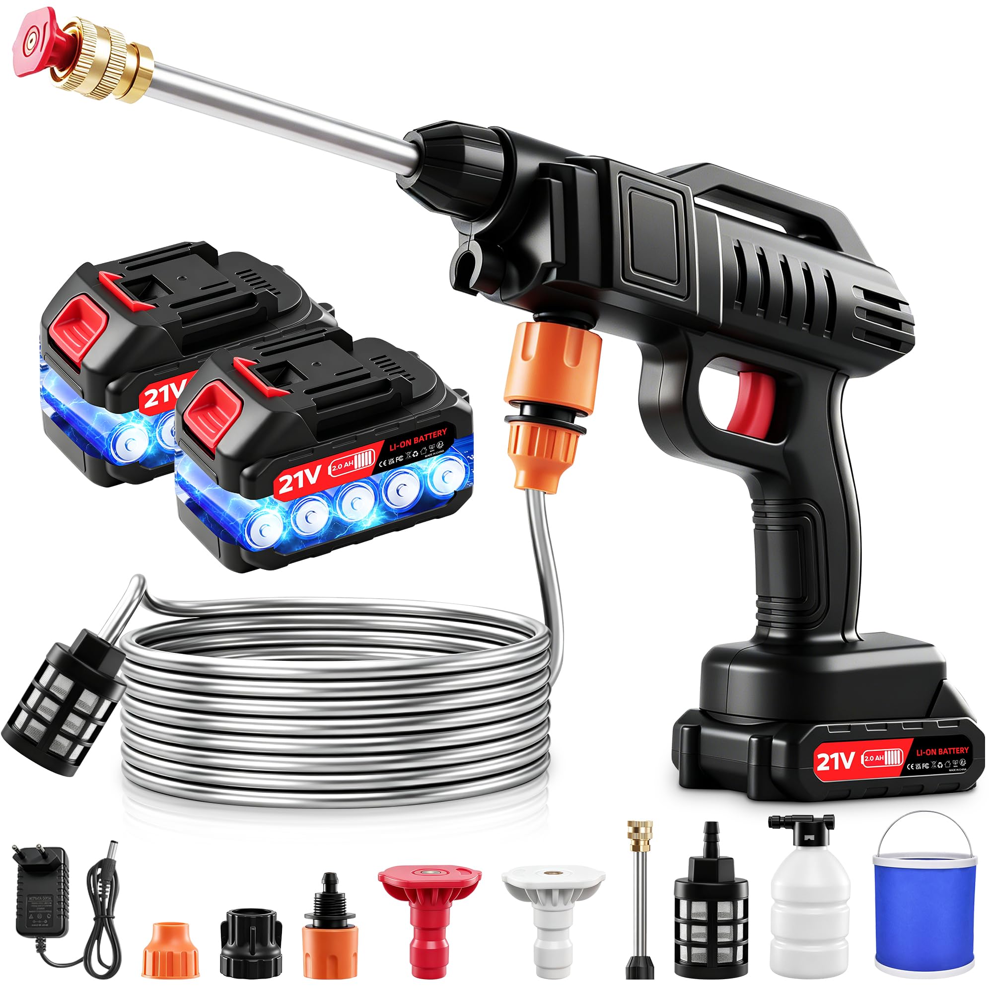 Nettoyeur Haute Pression sans Fil, 21 V, 60 Bar, Mobile, avec 2 Batteries, buse Multifonction 3 en 1, Tuyau de 5 m, pour Voiture, terrasse, fenêtre avec Seau