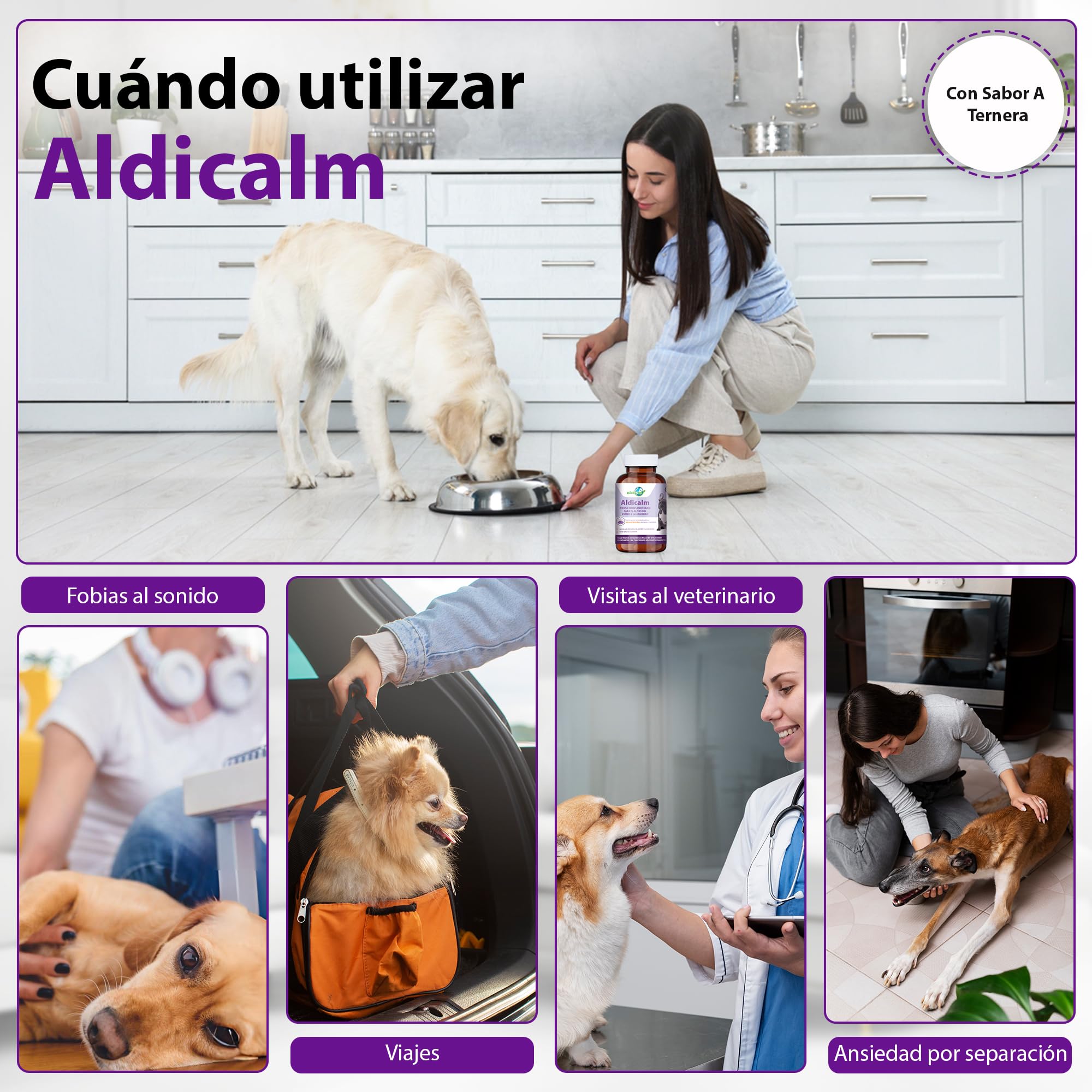 Aldivet Aldicalm Suplemento para Estrés y Ansiedad en Perros - Para Viajes, Visitas al Veterinario - Fuegos Artificiales - Serotonina Calmante Natural - Trastorno del Comportamiento en Perros 100 cáp