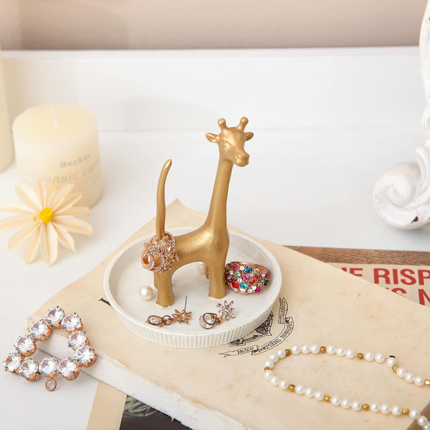 NIKKY HOME Giraffe Ring Holder Metal Earring Organizer Ring Dish Hanging Jewelry Stand Necklace Earring Display with Decorative White Dish Gold and White