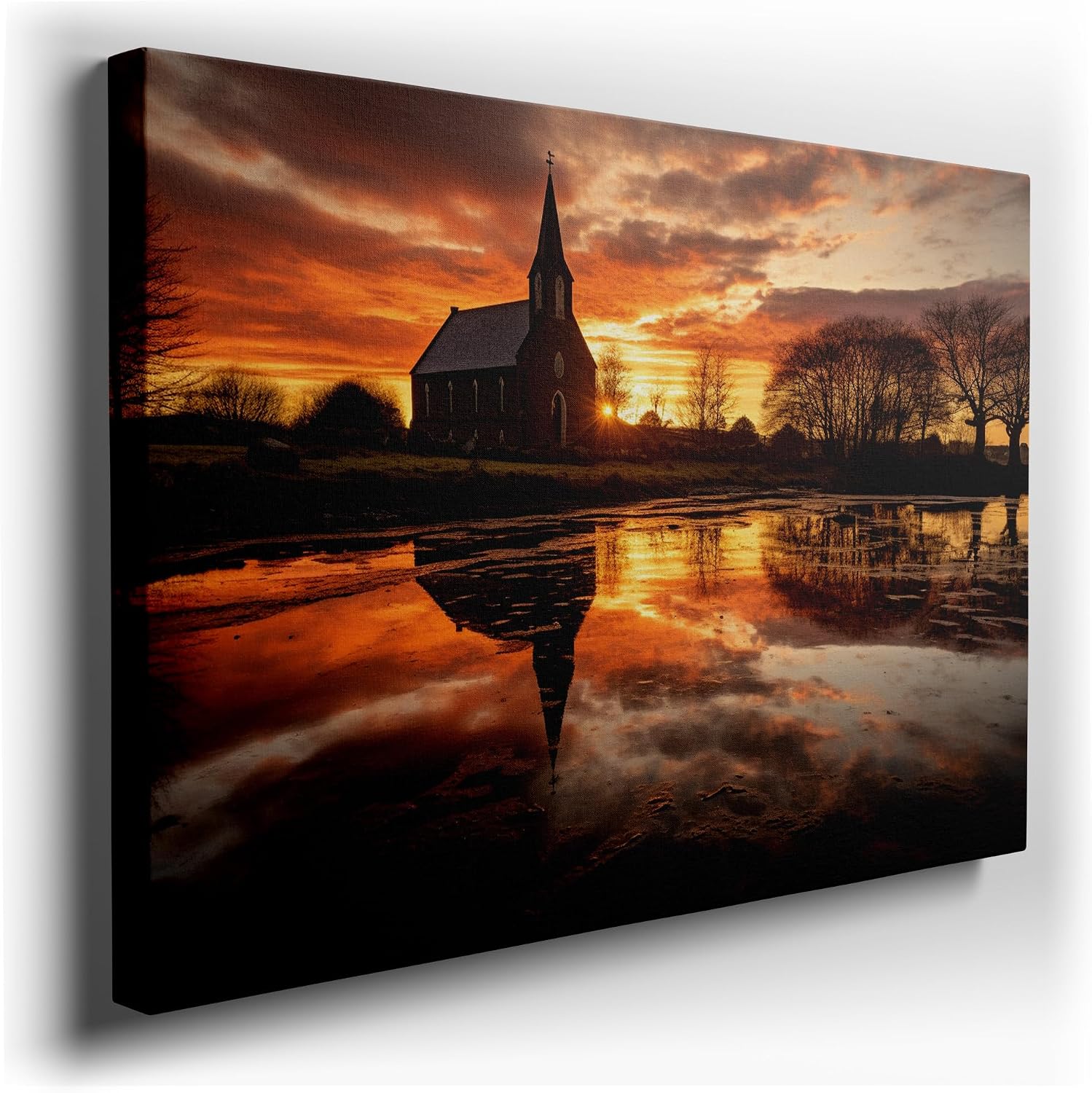 Canvas for Living room. Reflections of Serenity: A Sunset Vista with a Church Enveloped by Nature, 27 x 18 inch Canvas Wall Art - Contemporary Masterpieces - Modern Home Decor