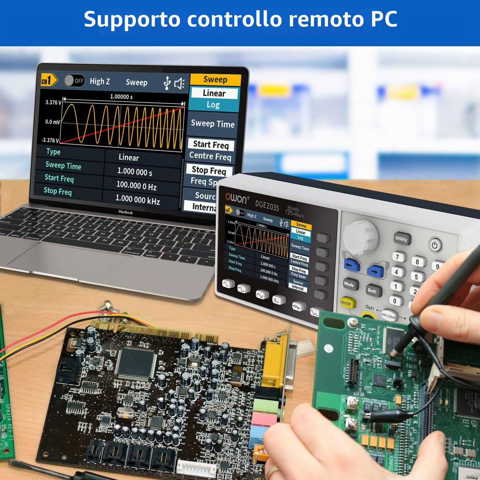 OWON DGE2035 Generatore portatile di forme d'onda arbitrarie, display LCD da 3,6 pollici, doppio canale, uscita di frequenza da 35 MHz, frequenza di campionamento massima di 150MSa/s generatore