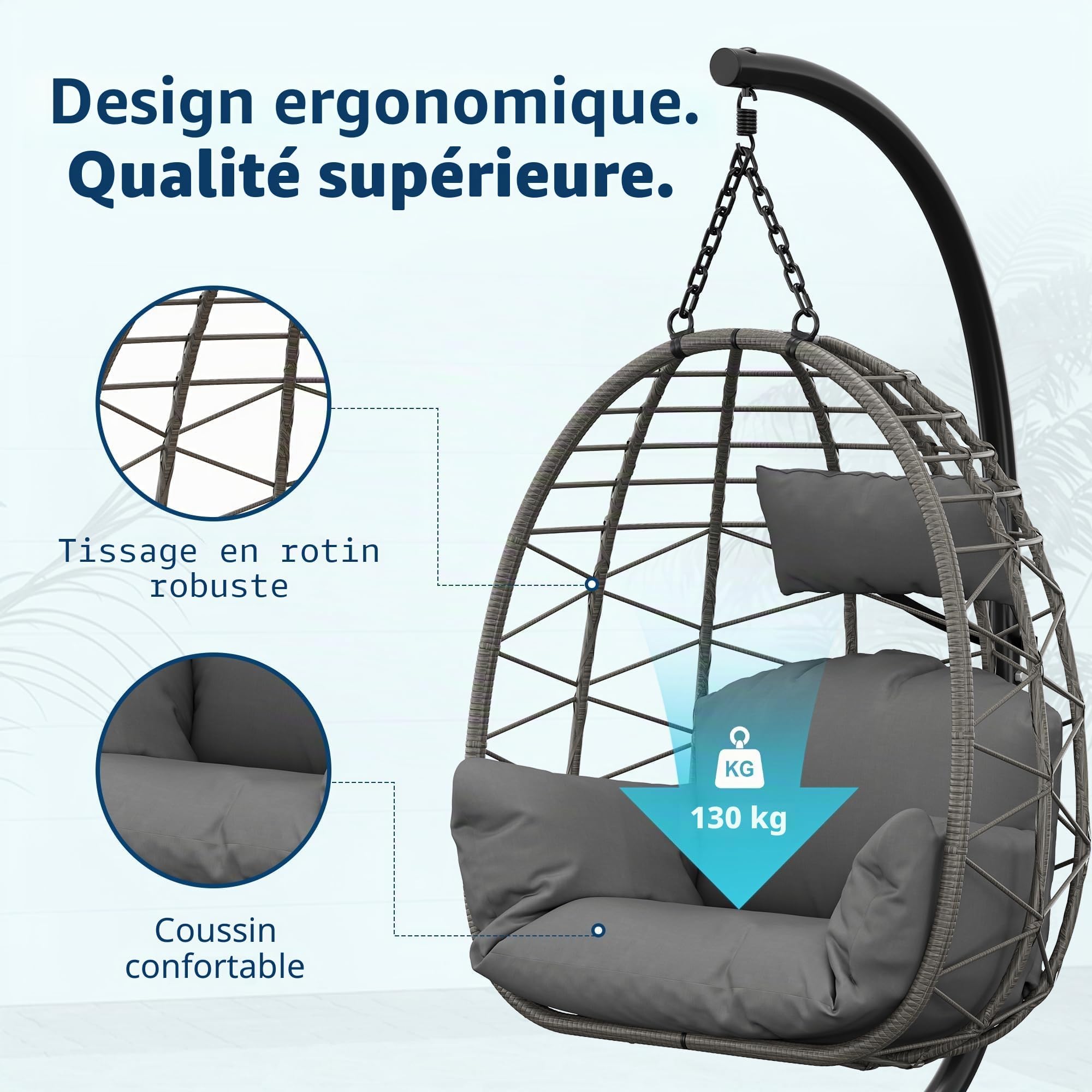 Fauteuil Suspendu Extérieur avec Support, Coussin Épais，Charge 150kg-Gris