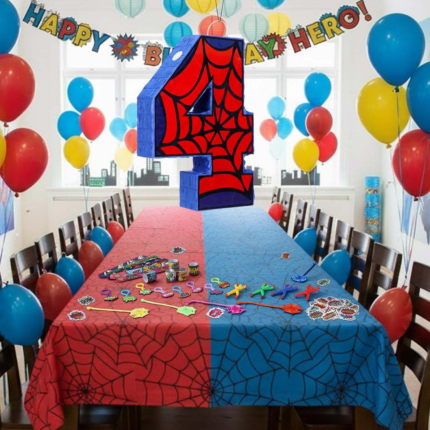 Spider Birthday Decorations Party Favors, Number 4 Spider Pinata with Pinata Stuffers for 4th Birthday Party, 16 x 12 x 3.2 Inches Spider Pinata with Stick Blindfold Confetti and Fillers Anniversary