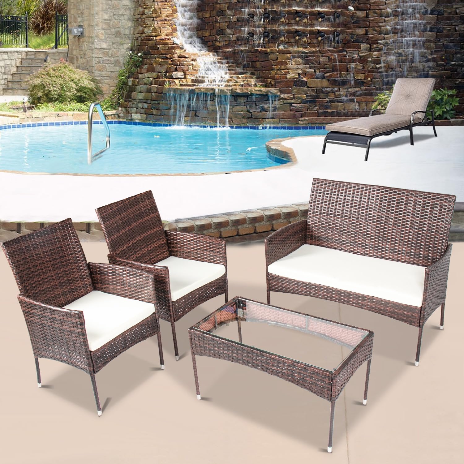 Salottino da Giardino Esterno Rattan Set Salotto Divano Mobili da Esterno | Completo di Divano 2 Poltrone e Tavolino con Cuscini