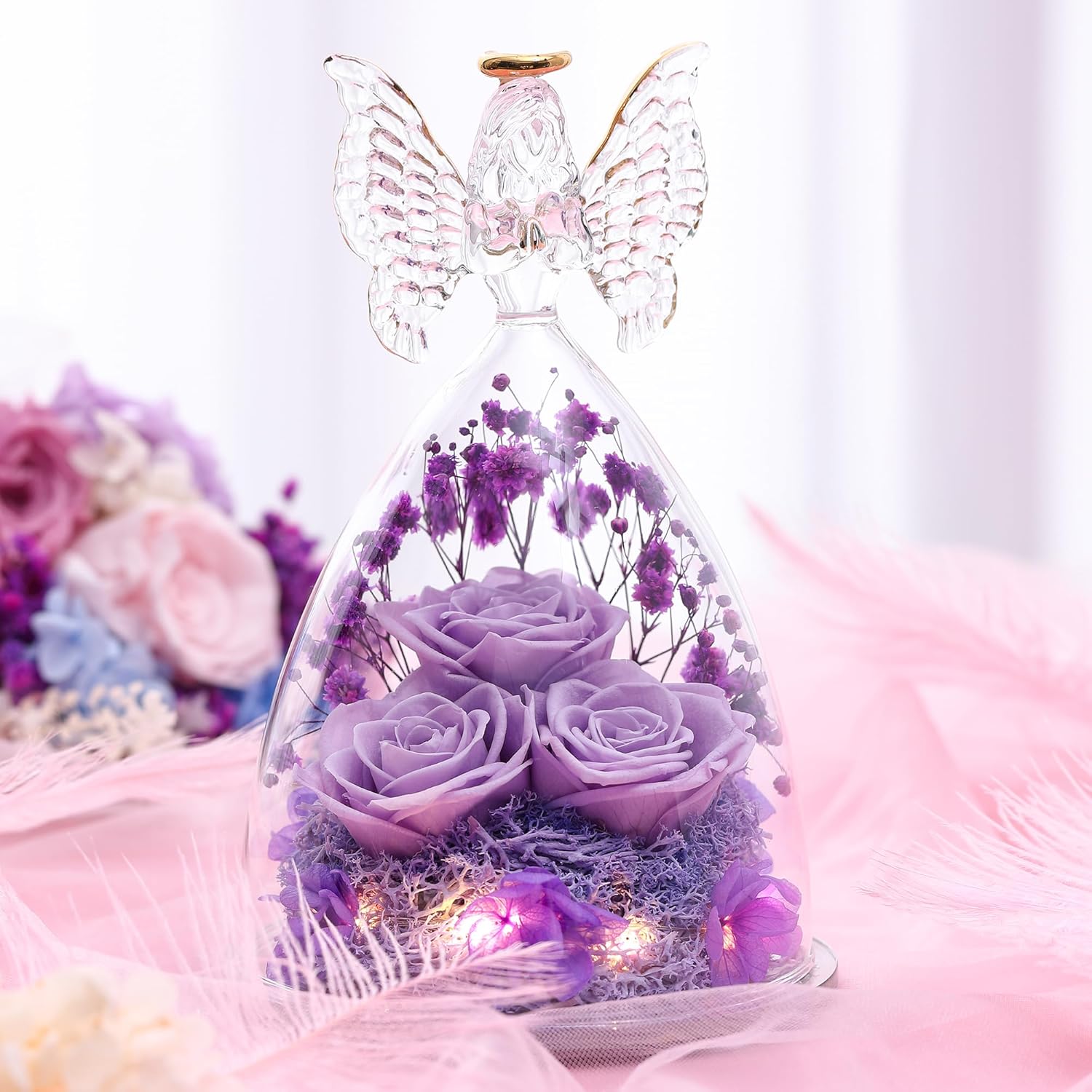 Mothers Day Mom Gifts for Women Preserved Flowers in Glass Angel Forever Flowers Gifts Eternal Roses Gifts for Grandma, Light Purple - Image 5