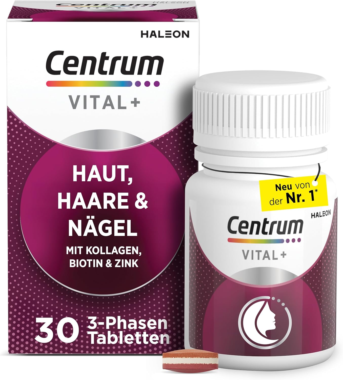 Centrum Vital+ Skin, Hair & Nails, High-Quality Nutrient Complex for Beauty from Inside2 & Cell Regeneration3, with Marine Collagen, Hyaluronic Acid, Biotin, Zinc, Vitamin C, 30 Tablets