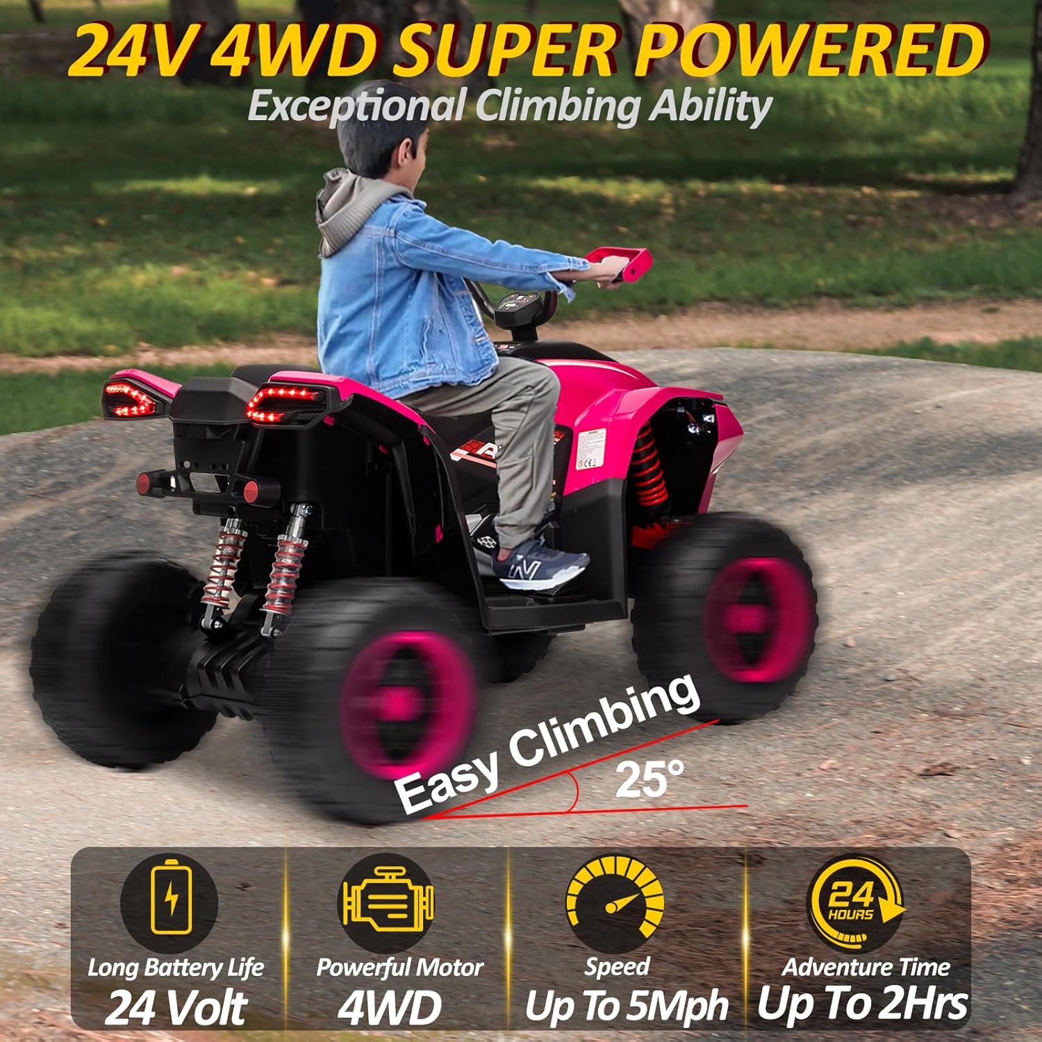 Electric 4 Wheeler for Kids, 24V ATV Quad w/Bluetooth Music, LED Lights & 2-Seater Design, 5 MPH, Oversized Shock Absorbers & Safety Kneepads, Ride on Toy for Boy&Girls, Rosered