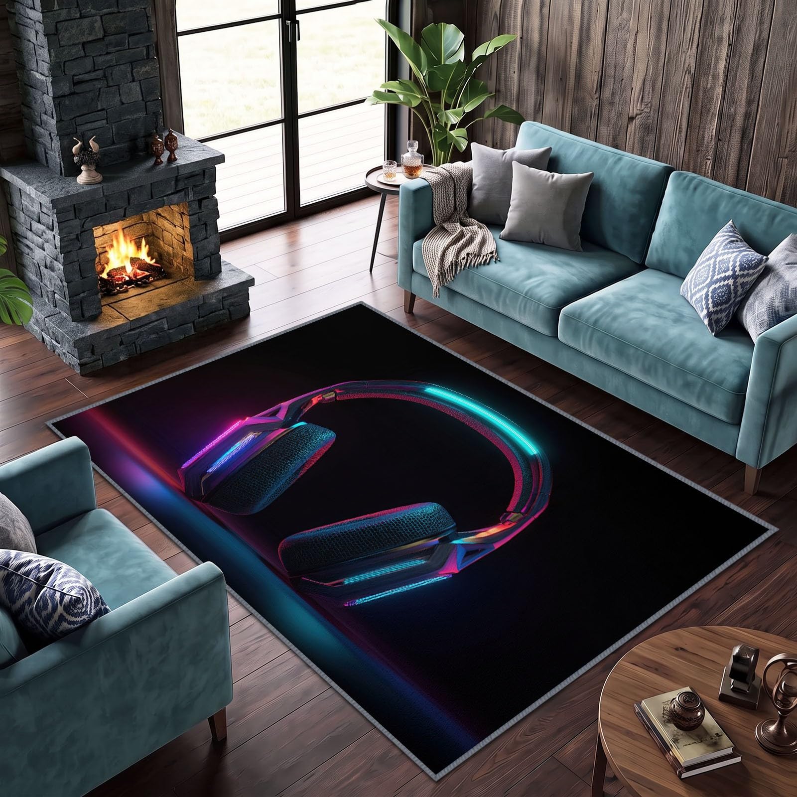 Gaming Néon Grand Tapis Salon Antidérapant Lavable en Machine 200x300cm, Poil Ras Doux Casque Gaming Tapis pour Salle a Manger Bureau Cuisine Decoration Chambrel