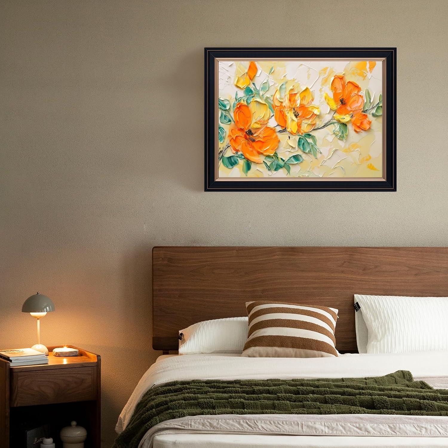 Large Black Framed Impasto Orange Floral Oil Painting Poster Modern Abstract Textured Flower TV Canvas Wall Art Contemporary Colorful Artwork Prints for Modern Bedroom Home Decor 24x36inch