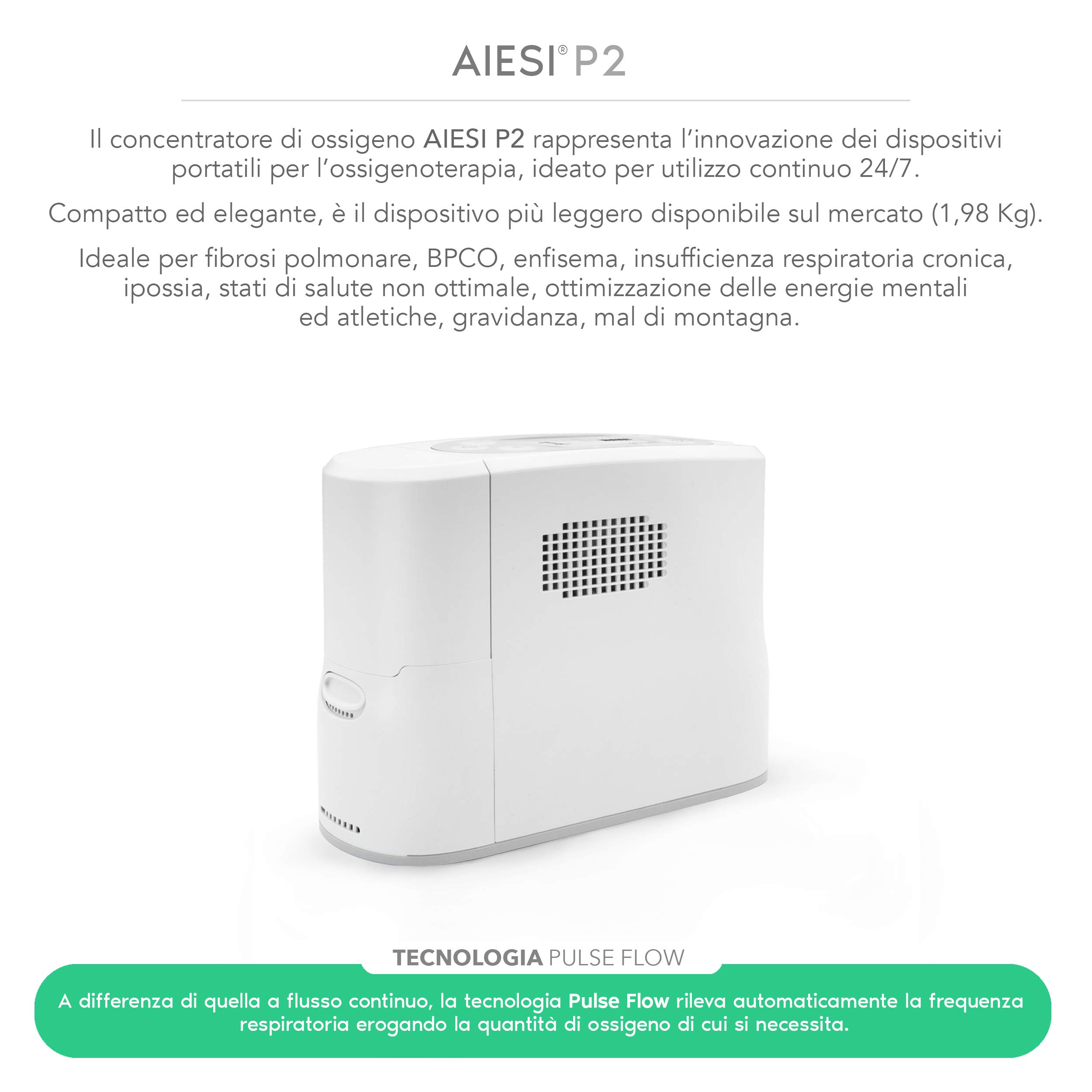 AIESI® Concentratore di Ossigeno Portatile Professionale 1 litro/minuto (eql 5 litri) con batteria ricaricabile P2, Peso 1,98 Kg, Purezza 93-96%, Certificato Medicale, Garanzia Italia 3 anni