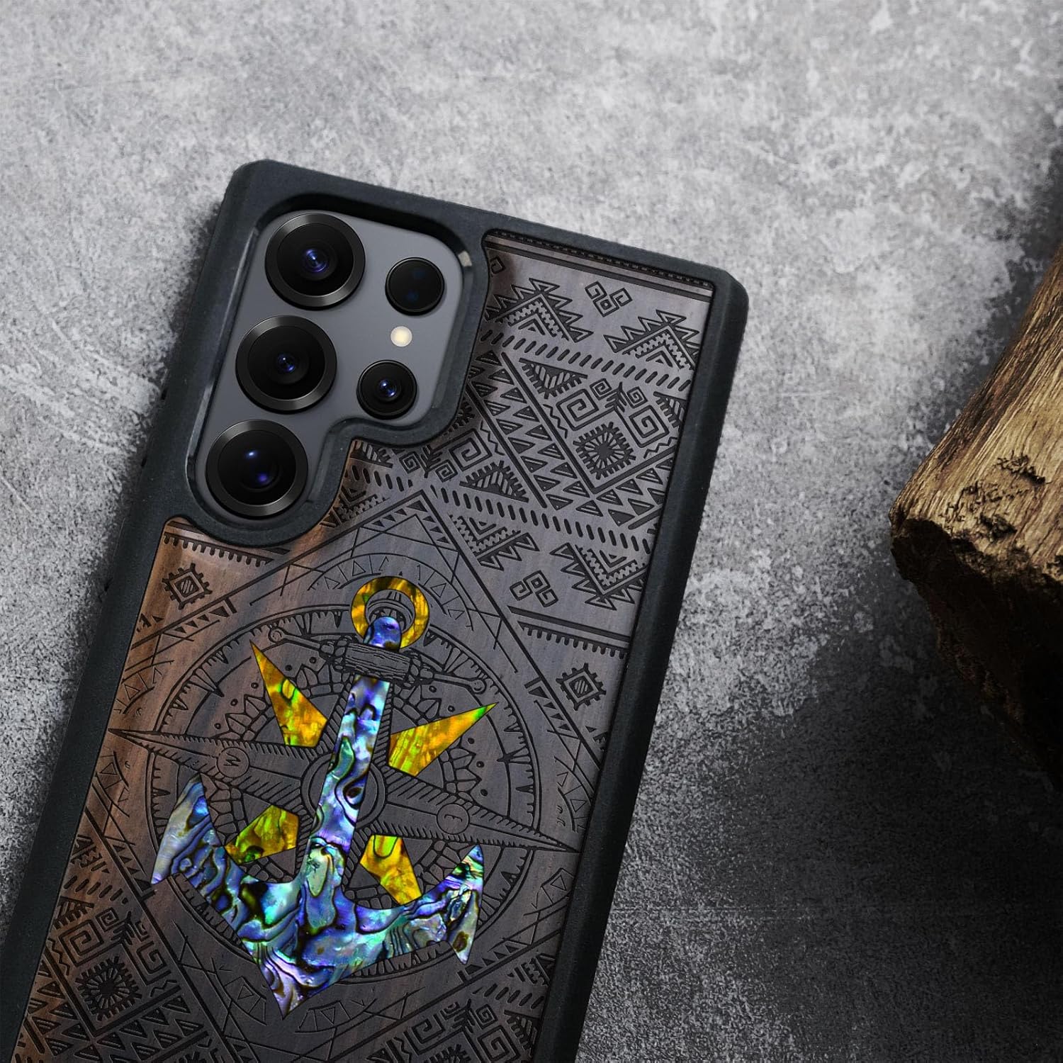 Carveit Magnetic Wooden Case for Samsung Galaxy S25 Ultra Case, Wood Artisan Engraved & Handmade Shell Inlaid, Compatible with MagSafe Wireless Chargers (Nautical Ensemble Amidst) Blackwood