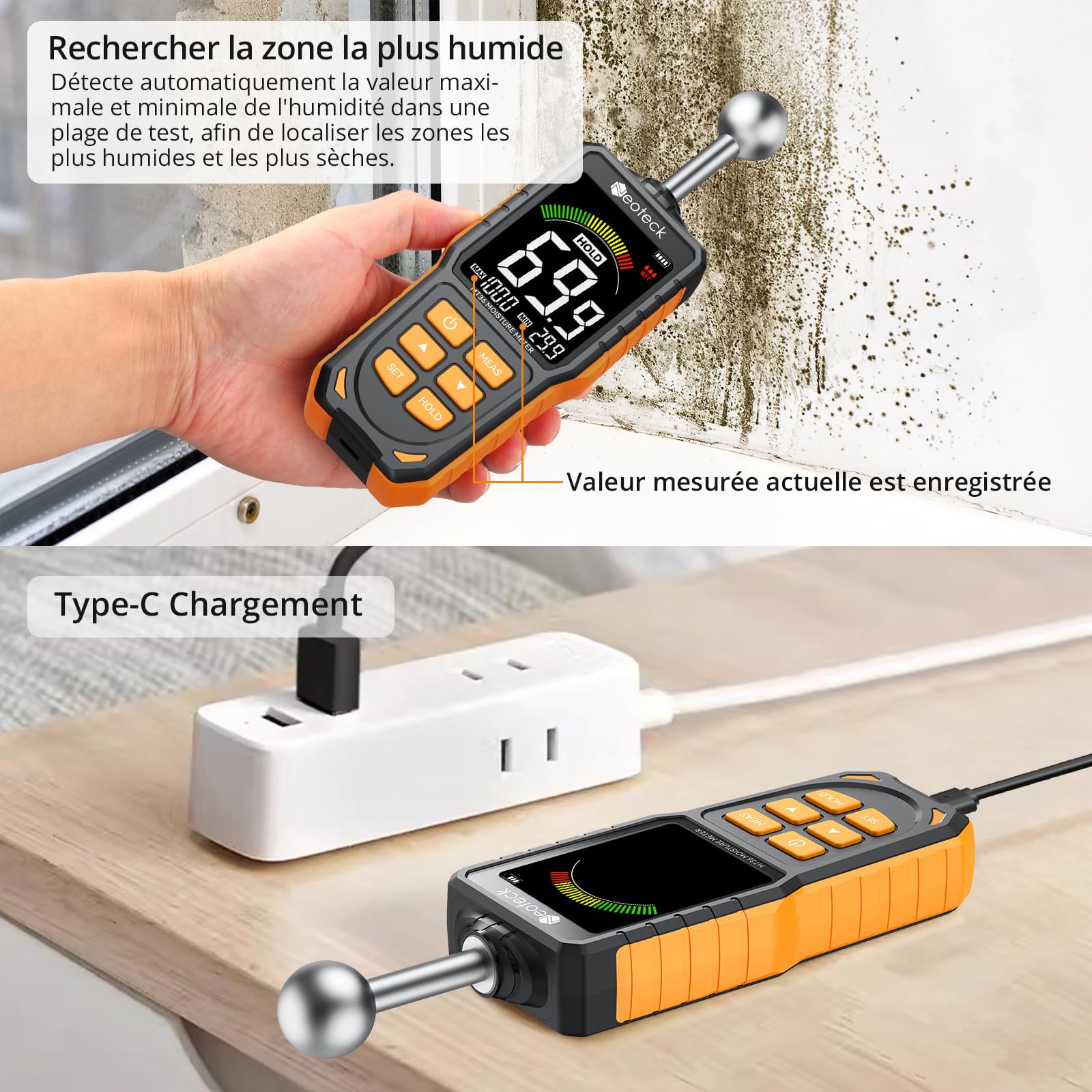 Neoteck Humidimètre Non Destructif USB Rechargeable Profondeur 5-40mm Détecteur Humidité avec Alarme Sonore pour Murs Bois Béton