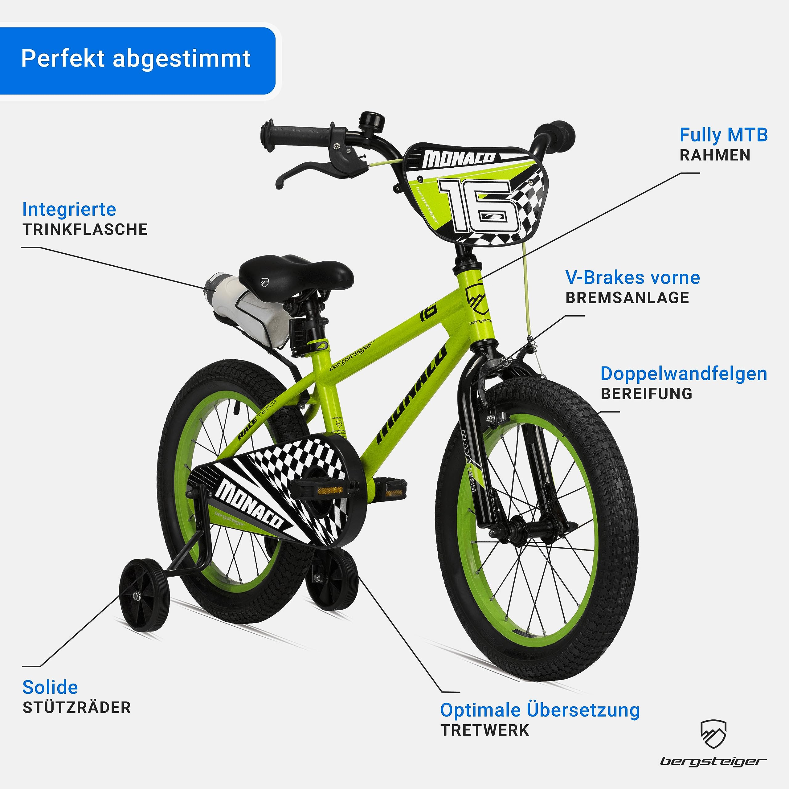 Bergsteiger Monaco 16 Zoll Kinderfahrrad, geeignet für 4, 5, 6 Jahre, BMX, Stützräder, Rücktrittbremse, Trinkflasche, Kettenschutz