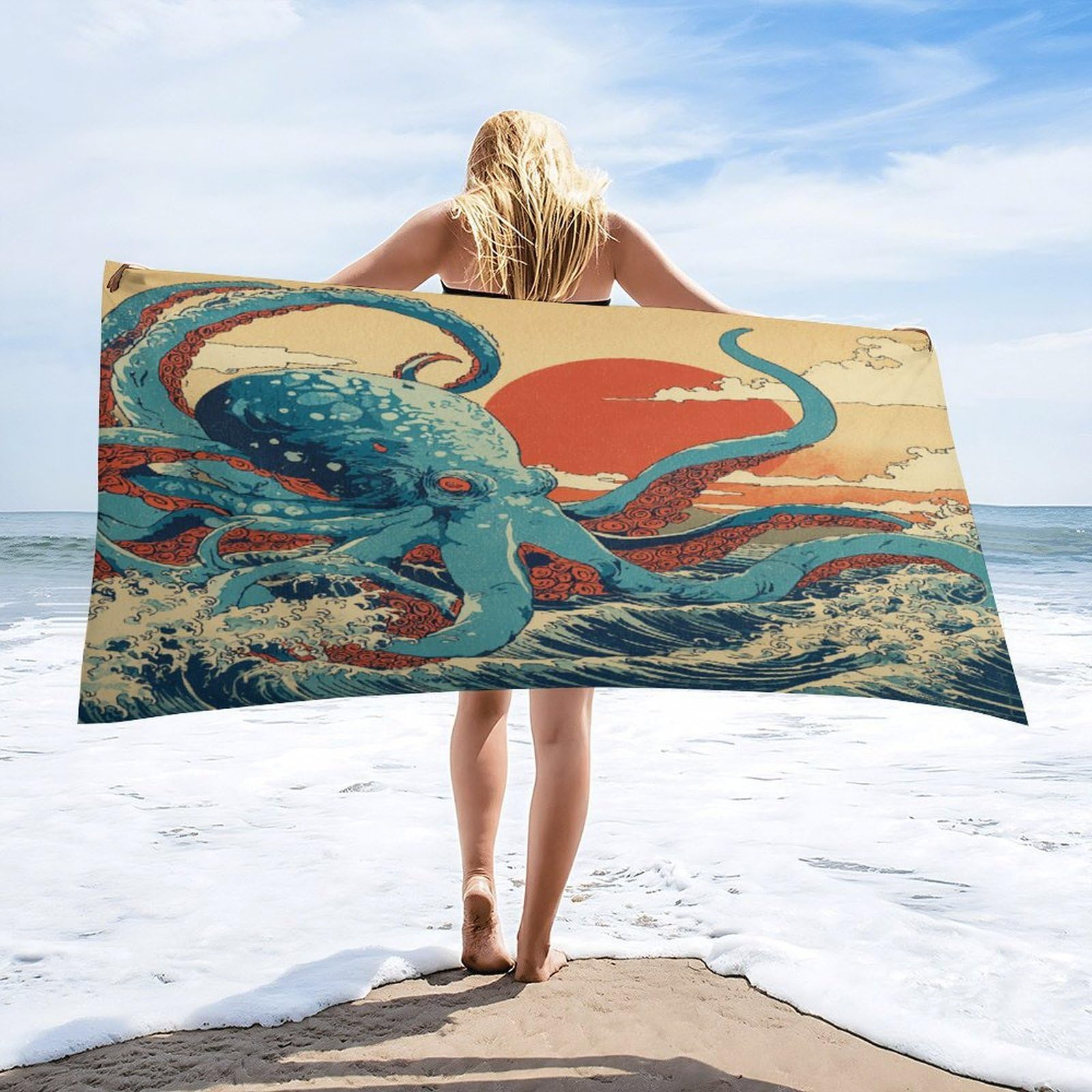 Luyysky Fantasy Classic Octopus Quick-Drying Beach Towel, Rustic Nautical Japanese Red Sun Cloud Animal Octopus Ocean Waves Travel Vacation Single Sided Pile Bathroom Towels-80 W Cm X 160" L Cm