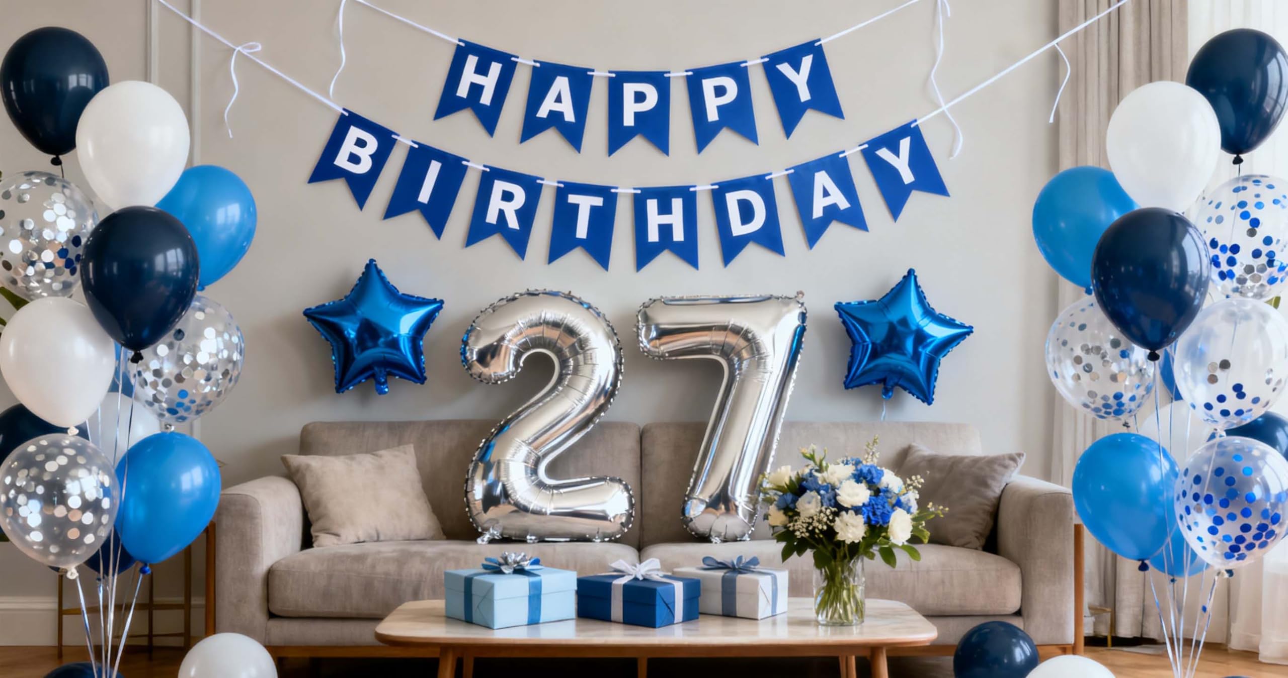 27th Birthday Party Decoration Blue for Him, Happy Birthday Banner Blue Number 27 Birthday Star Foil Balloons Latex Confetti Balloons for Men Him
