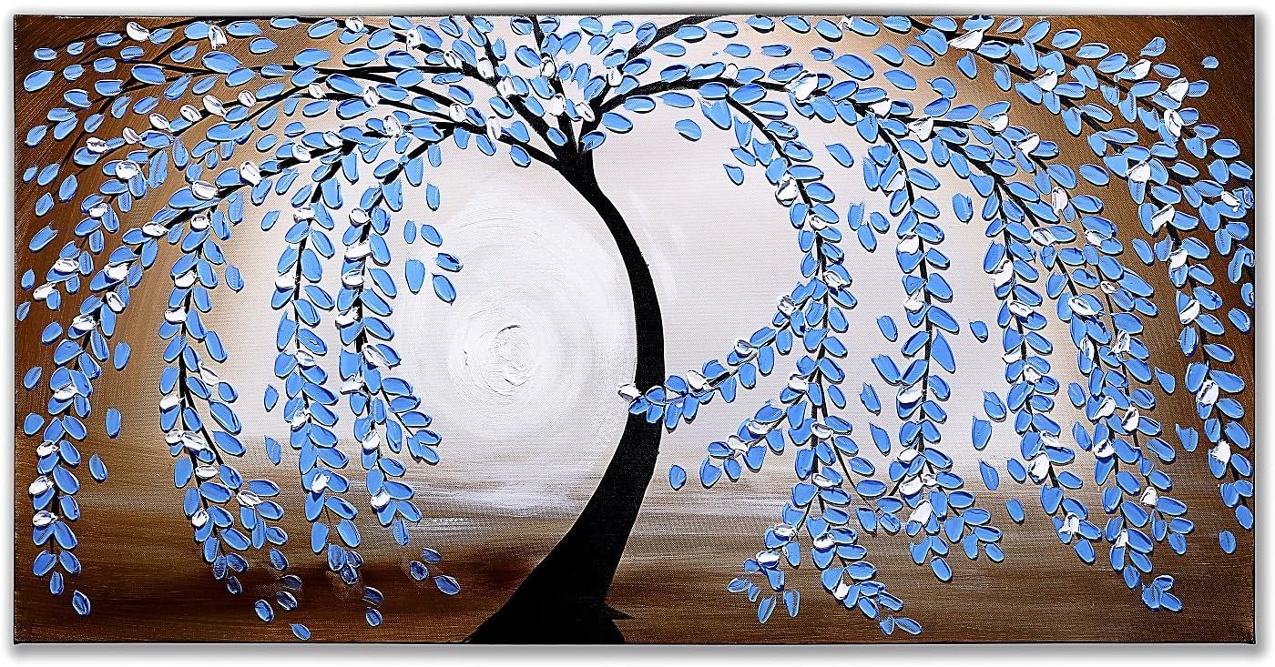 Mango Art Blue Leaves Stretched and Framed 100% Hand Painted Contemporary Floral Oil Paintings on Canvas Wall Art Ready to Hang for Living Room Bedroom Home Decorations Large