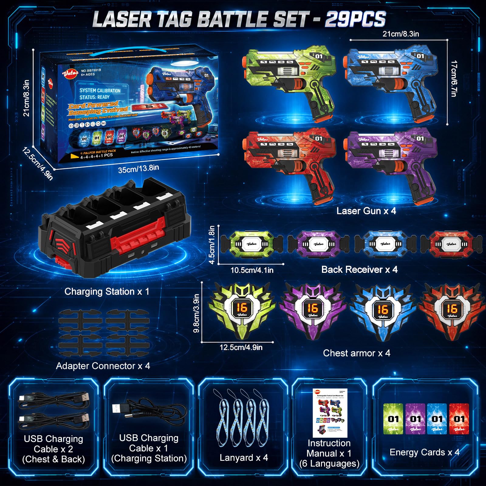 VATOS Set Laser Tag con Sensori 360°, Stazione di Ricarica e Carte Energia, 4 Pistole Laser Ricaricabili con Schermo LCD e Sincro 2,4 GHz, Gioco Laser per Interni/Esterni per Bambini e Famiglia