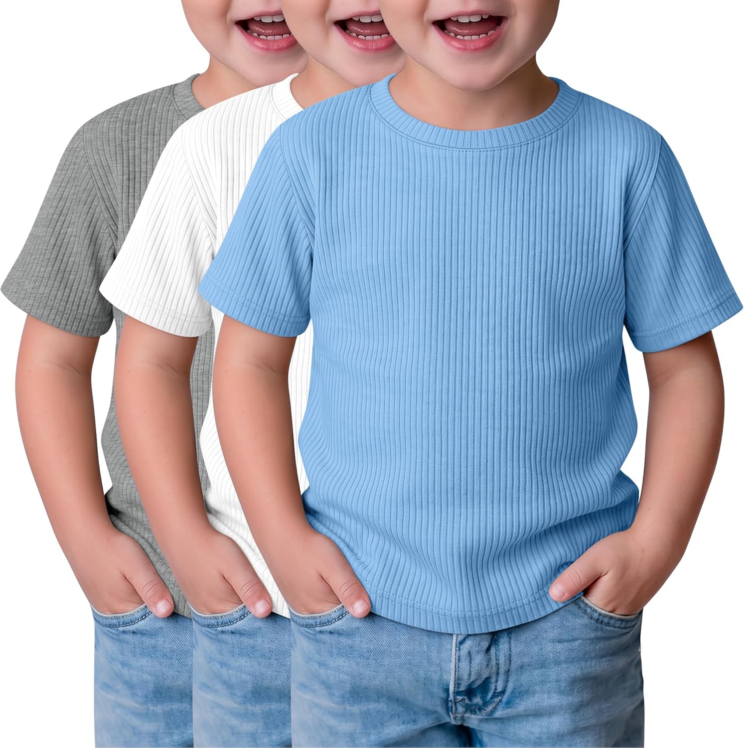 3 Pack Baby Boys T-Shirts Toddler 18M-5T Short Sleeve Summer Ribbed Crew Neck Soft Loose Shirts Infant Clothes Tees