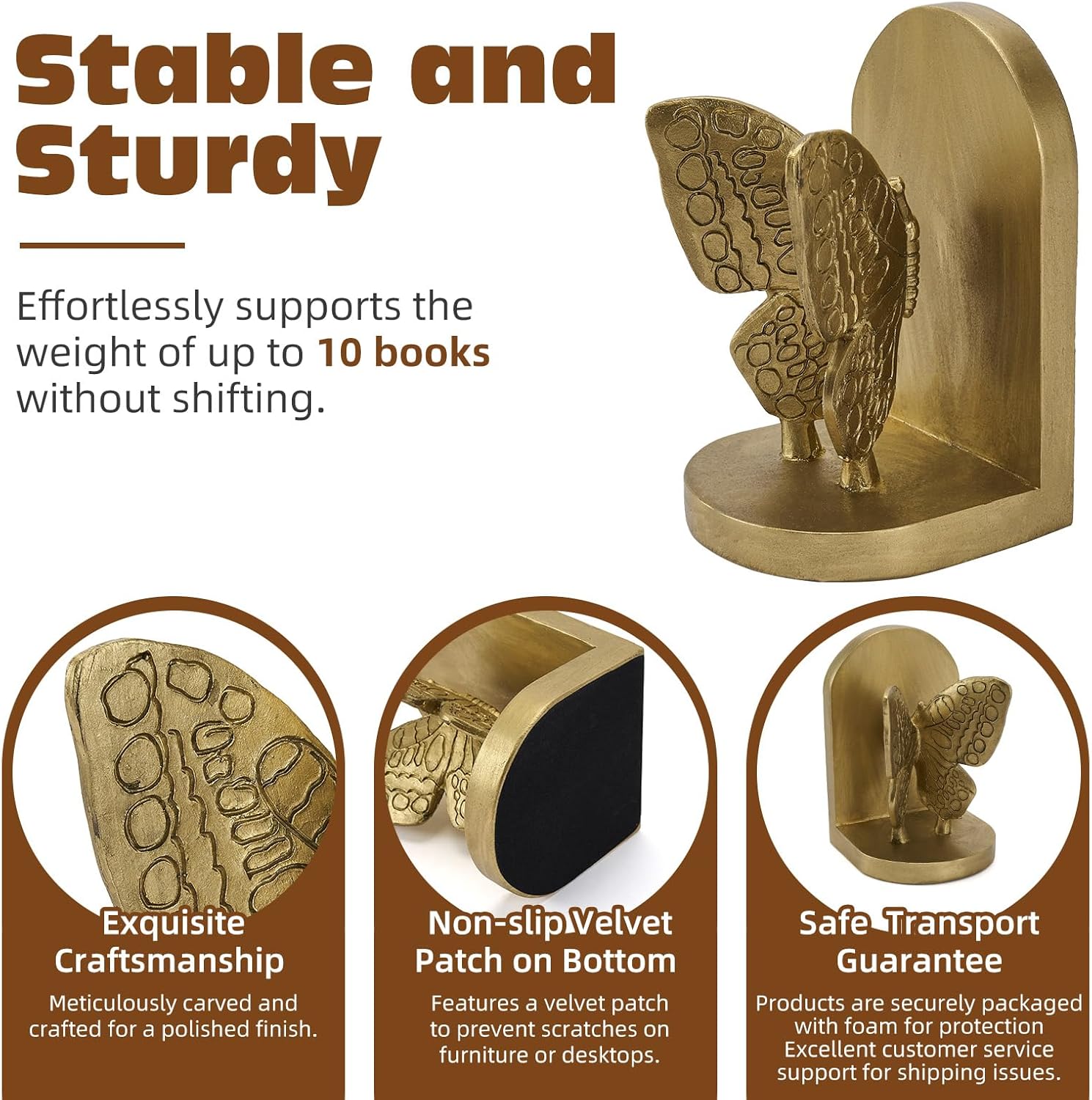 Gold Butterfly Book Ends for Shelves, Butterflies Statue Decorative Bookends for Heavy Books, Resin Book Ends with Non-Slip Felt Base for Home Farmhouse Shelves Office Lover Gift