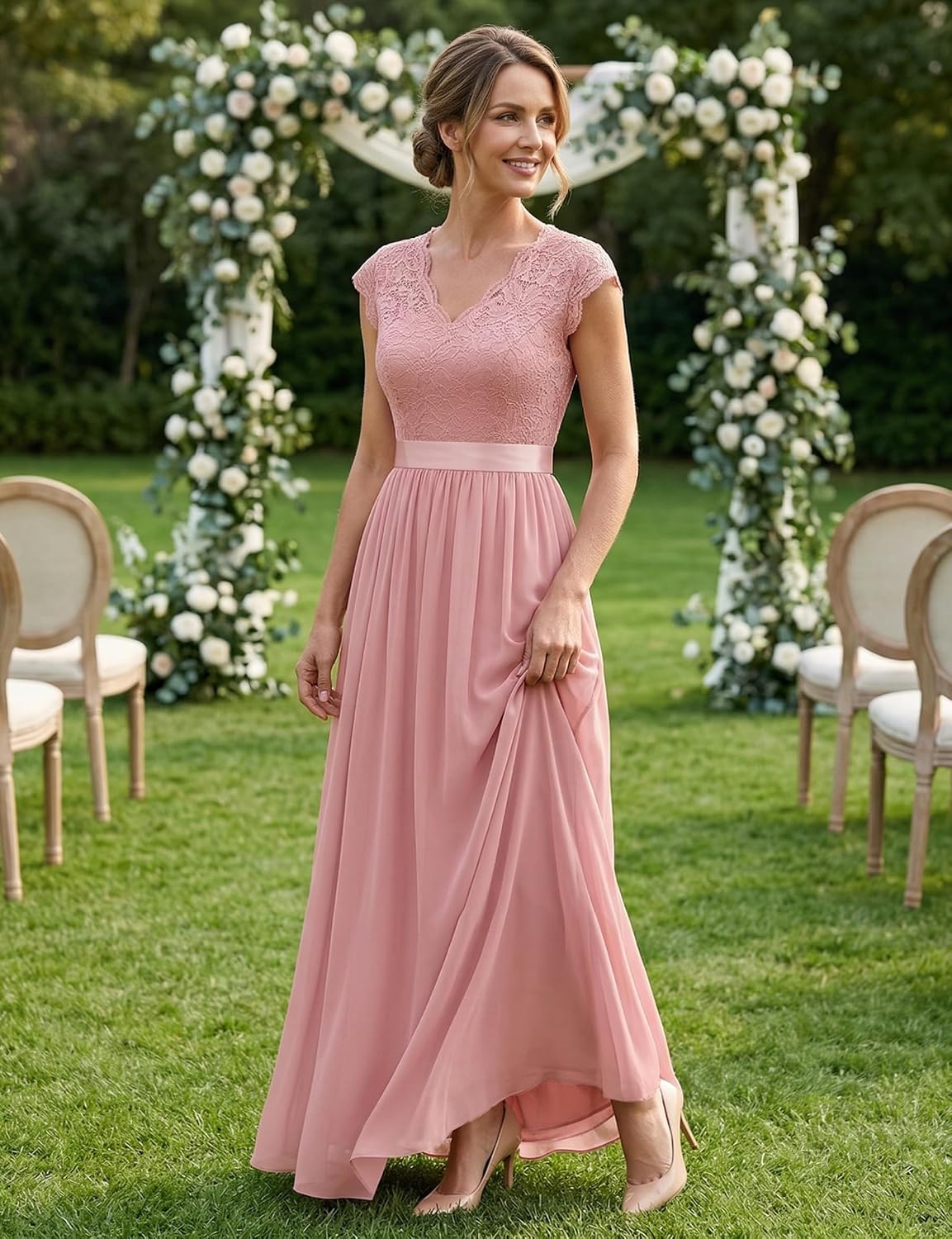 Dressystar Women's V Neck Sleeveless Lace Bridesmaid Dress Wedding Party Gown