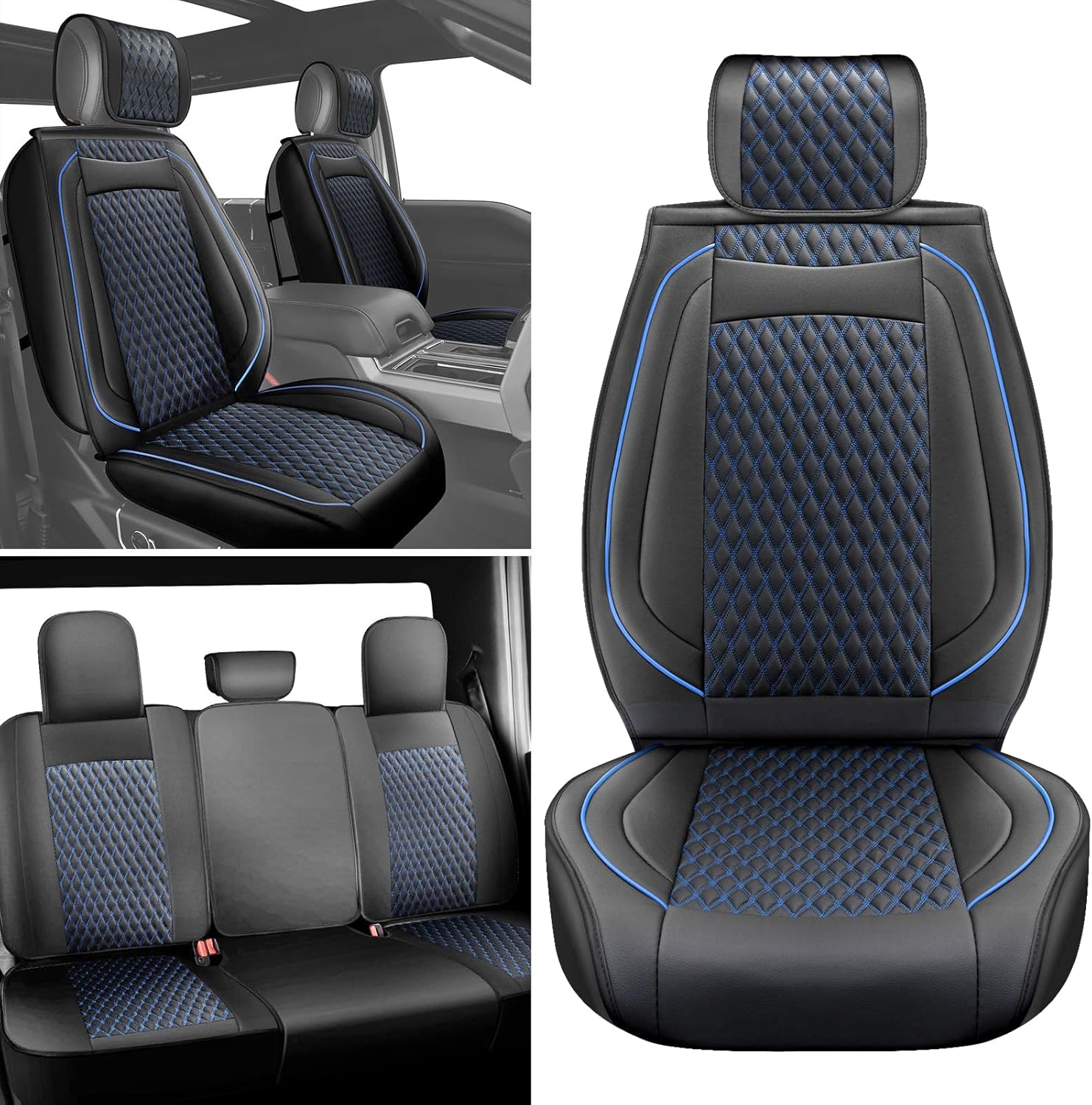 Seat Covers Full Set Compatible with Ford F150 2009 to 2023,2017 to 2023 F250 F350 F450 Custom Super Duty Crew Cab and more Pickup Truck Leather Seat Cover FrontandBack Seat (5 Pcs Set,Black Blue) Black-Blue Compatible with Ford F150 2009-2023 Full set