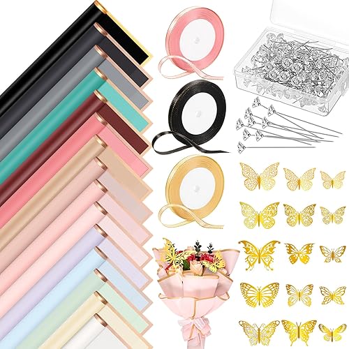 Fulmoon 90 hojas de papel de regalo para ramo de flores, impermeable, papel de borde dorado, 15 colores con calcomanías de mariposa 3D, decoración