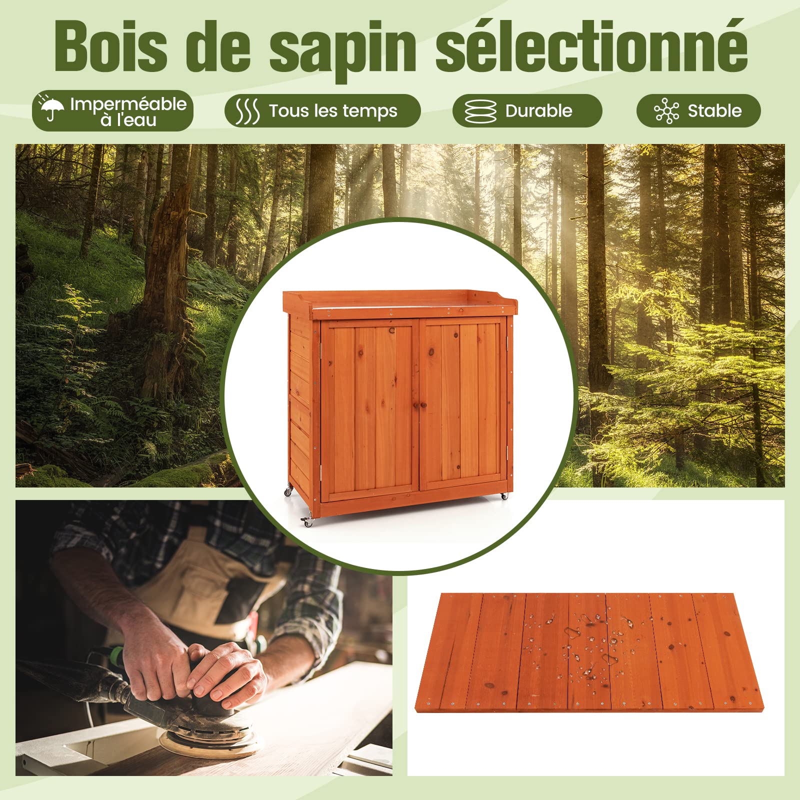 COSTWAY Armoire de Jardin en Bois Extérieur 2 en 1, Table de Jardinage avec Porte, Etagère Amovible et 4 Roues Universelles Plateau en Acier Galvanisé pour Cour, Jardin