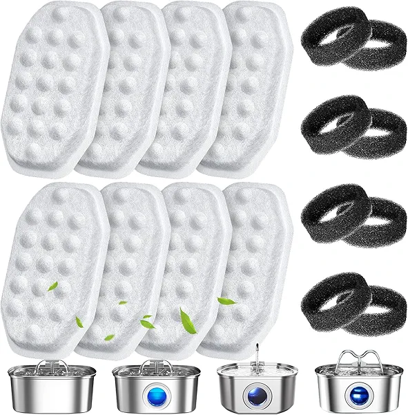 16 Pack Cat Water Fountain Filters Replacement & Pre-Filter Sponges for 108oz/3.2 Stainless Steel Pet Water Fountain with Water Level Window