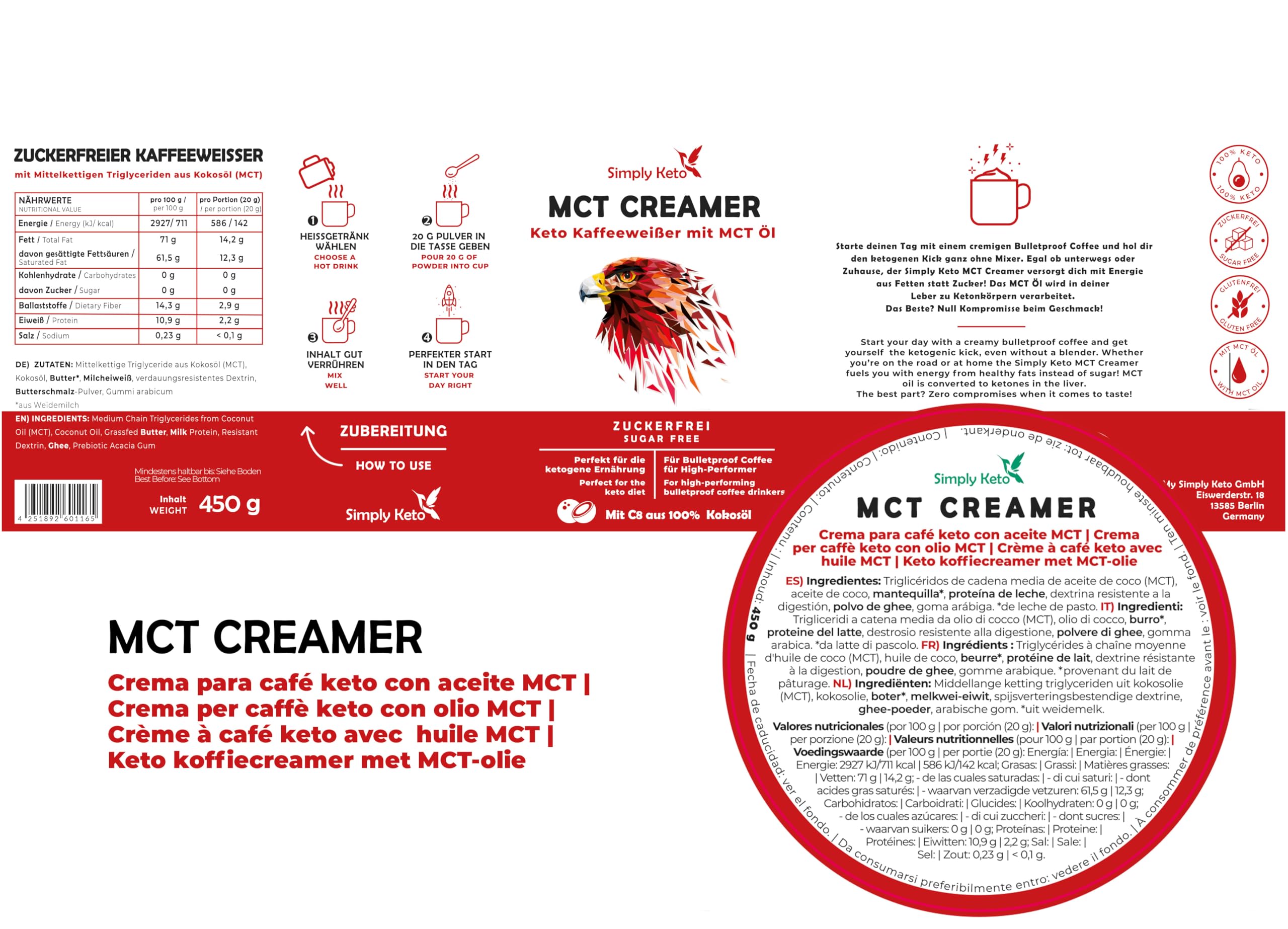 Simply Keto Tarro de crema MCT 450g - Crema cetogénica sin azúcar para el café a prueba de balas - Con aceite MCT, aceite de coco y mantequilla de pasto - Optimizado para el rendimiento
