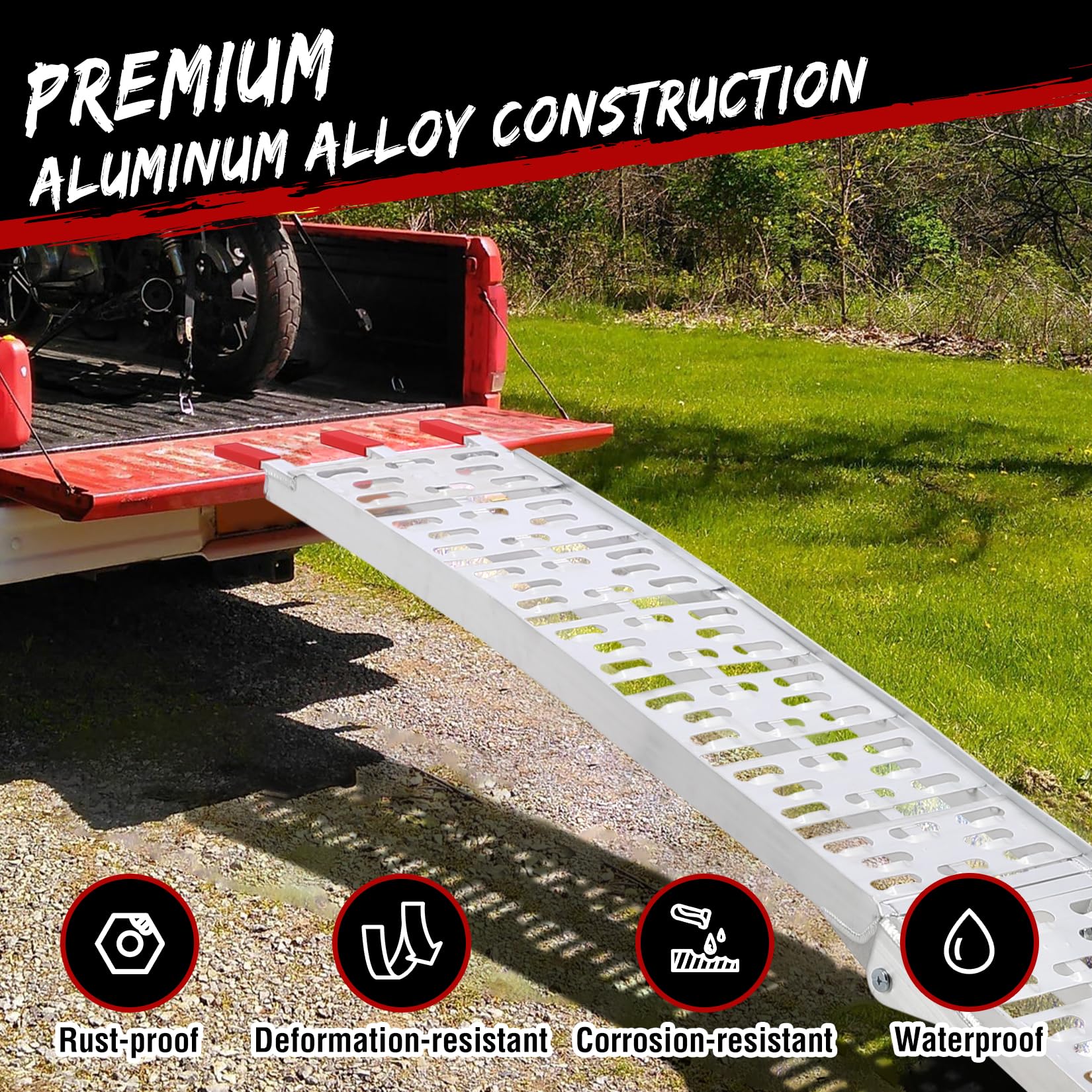 Garvee Rampa De Carga De Aluminio Plegable 340kg, Estructura Reforzada con Bisagras Soldadas, Superficie Antideslizante, Ligera 8,3kg, para Moto ATV Cortacésped Remolque, Fácil Almacenaje, Aluminio