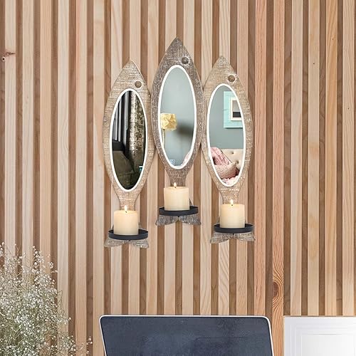 Miniatura 7 de Asense Candelabros decorativos de pared para decoración de pared, portavelas decorativo de metal y madera, decoración rústica para sala de estar,