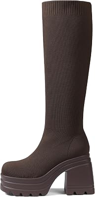 CELNEPHO Knee High Boots Women Comfortable Wide Calf Tall Boots Square Toe Stretch Soft Chunky Block High Heel Knit Platform Fall Boots