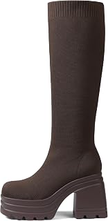 CELNEPHO Women Knee High Boots Knit Sock Chunky Heel Platform Tall Boots