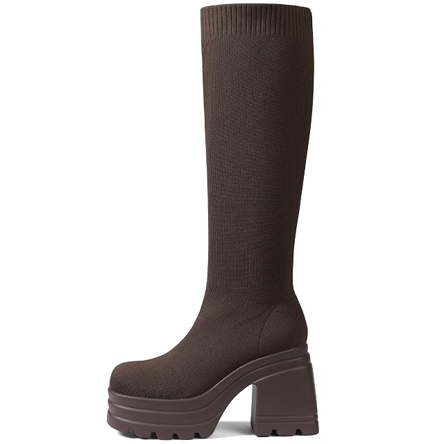 CELNEPHO Knee High Boots Women Comfortable Wide Calf Tall Boots Square Toe Stretch Soft Chunky Block High Heel