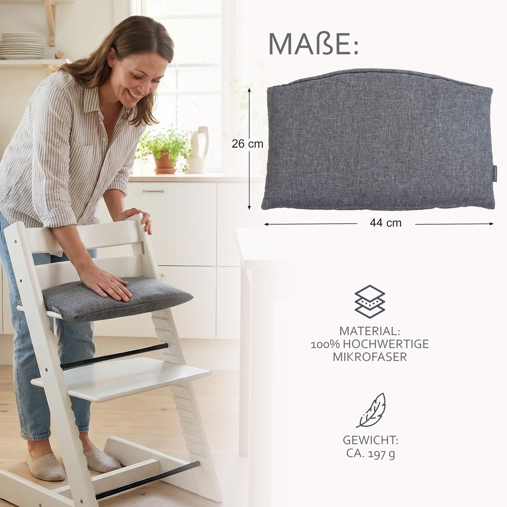 BambiniWelt Ersatzbezug Tripp Trapp – Sitzkissen komp. mit Stokke Hochstuhl, 1-teilig, gepolstert & waschbar, Auflage mit Klettverschluss für Kinderstuhl Mod. 3 (1-teilig meliert dunkelgrau)