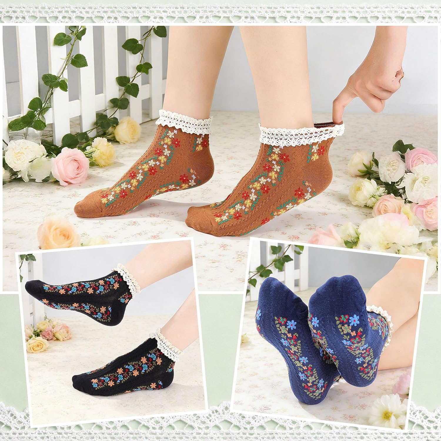 5 Pairs Vintage Floral Cotton Ankle Socks for Women Funny Frilly Novelty Ruffle Casual Dress Short Socks