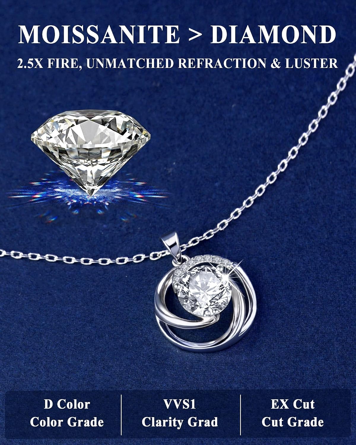 2 Carat Moissanite Necklace for Women, Large Solitaire Swirl Pendant Necklace, 14K White Gold Plated Jewelry, Romantic Wedding for Wife Girlfriend
