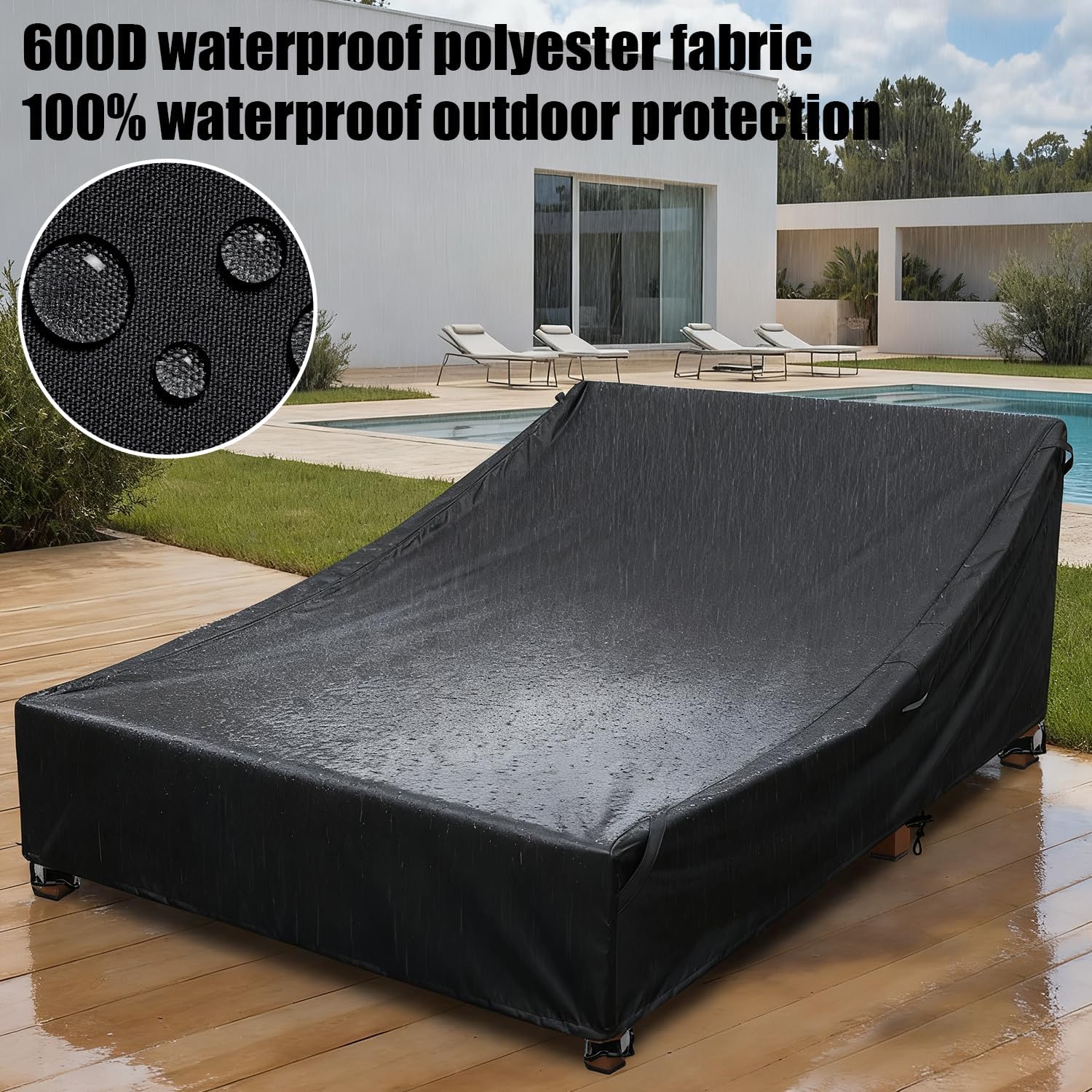 Double Lounge Chair Cover 100% Waterproof Outdoor Chaise Lounge Cover 600D Weather Resistant Material, UV Protection, Windproof Design Double Wide Patio Lounge Chairs Covers (Black) - Image 3