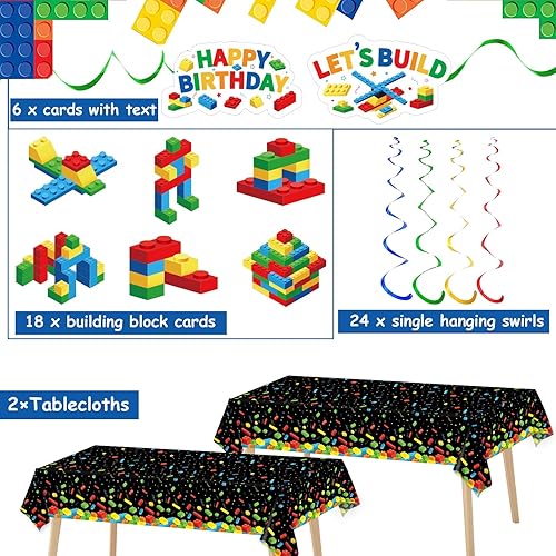 Miniatura 4 de Juego de 146 piezas de bloques de construcción para fiesta de cumpleaños, decoraciones de ladrillo de cumpleaños para niños, platos de papel,