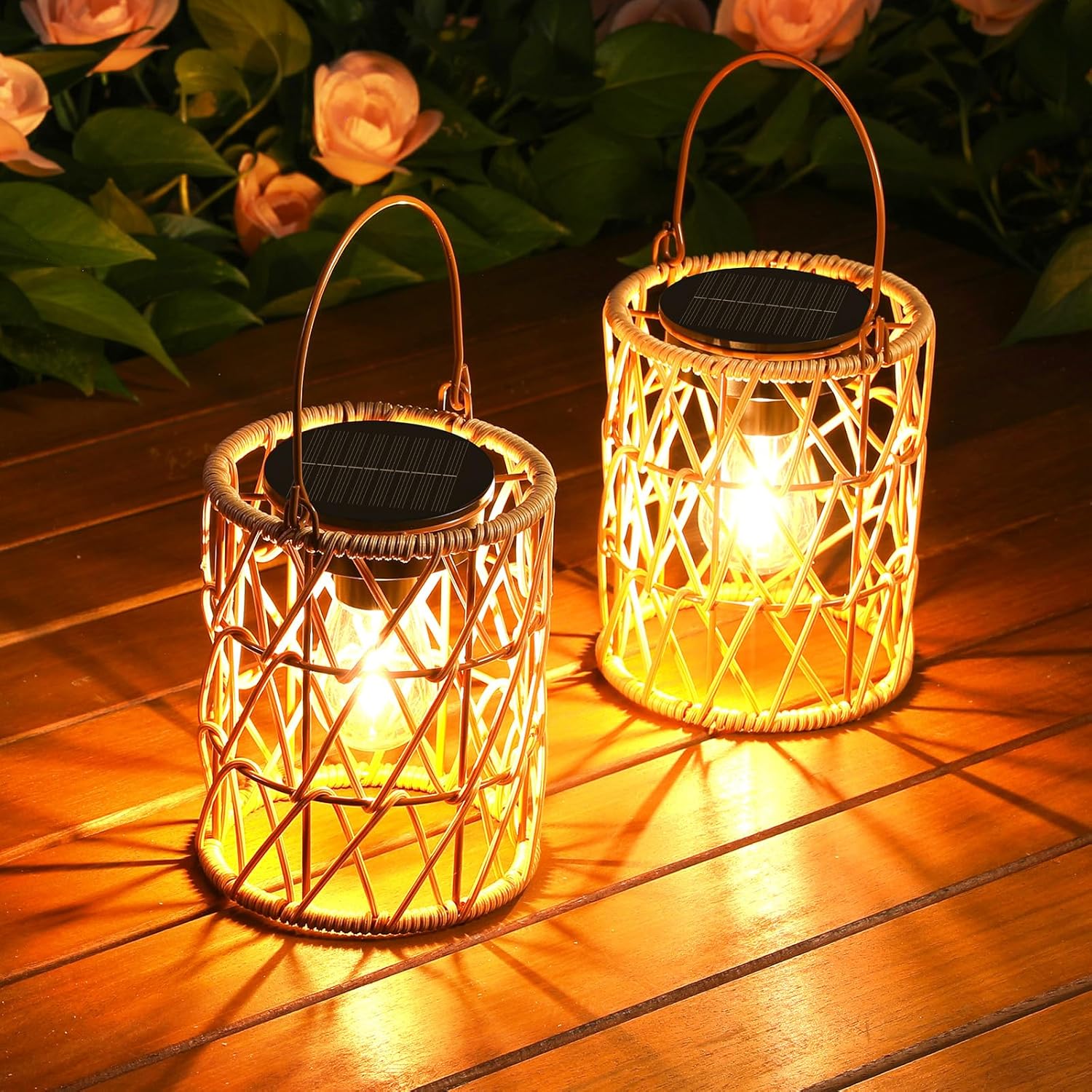 KOOPER Solar Lantern Outdoor Lights, 4 Pack Bright Hanging Solar Lanterns Outdoor Waterproof with Handle, Decoration Rattan Lanterns for Outside Hanging Garden Patio Yard Porch Trees Lawn Pathway Gift