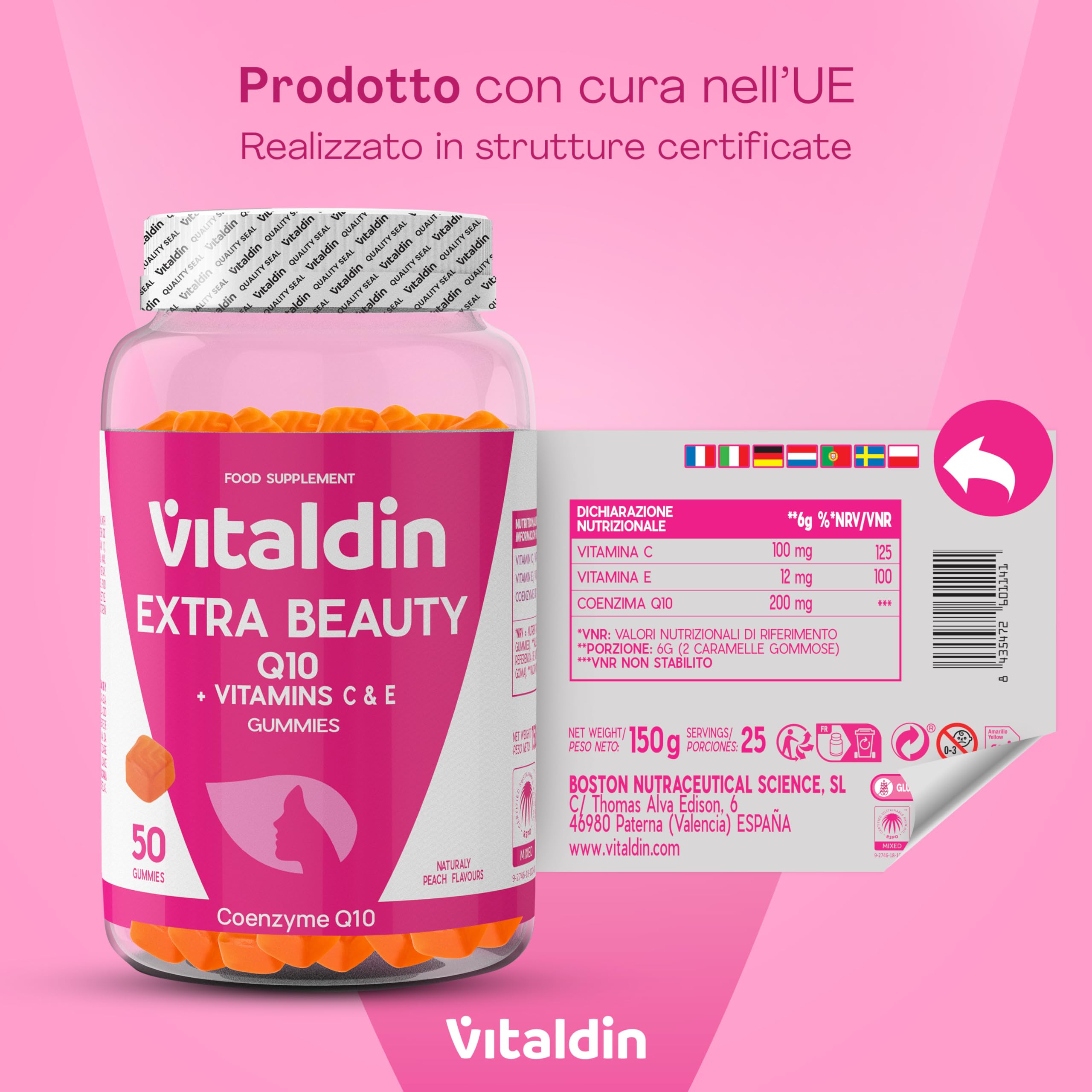 VITALDIN Coenzima Q10 Gummies – Integratore di Bellezza – 200 mg di CoQ10 per dose + Vitamina C & E – 50 Caramelle Gommose (fornitura per 1 mese), Gusto Pesca – Antiossidante – Senza Glutine