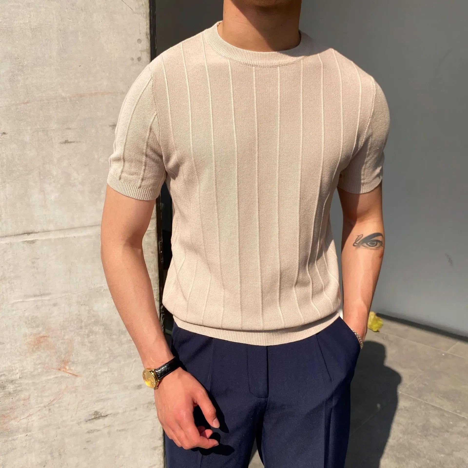 MORISTE Maglietta Uomo Lavorata a Maglia, Girocollo Leggero Manica Corta Casual Estiva Top