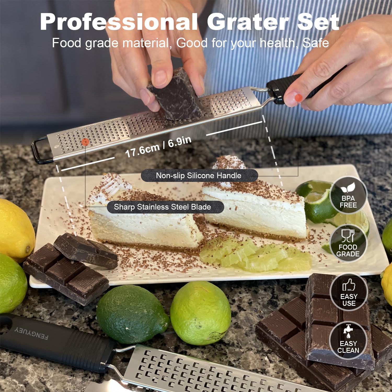 Grattugia Limone Scorza [Originale] - Grattugia Agrumi per Parmigiano, Zenzero, Noce Moscata e Cioccolato | Manico Antiscivolo in Silicone con Lame Affilate in Acciaio Inossidabile | Nero