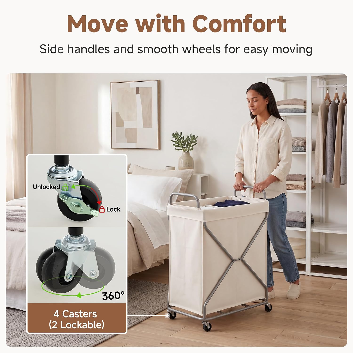 StorageWorks 2 Section Laundry Sorter with Wheels, 160L Beige Hamper Basket image 3