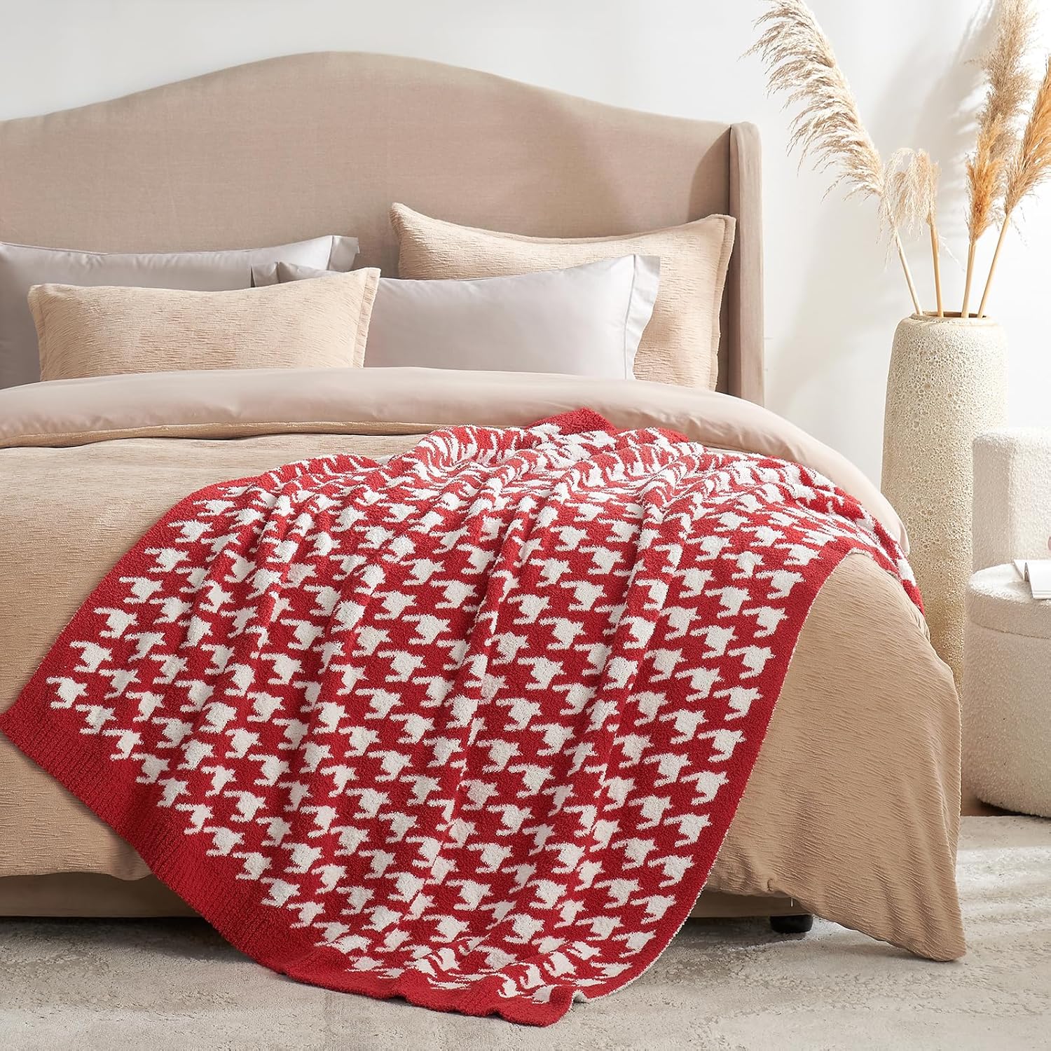 Snuggle Sac Ultra Soft Throw Blanket for Couch, Cozy Knitted Blankets, Fuzzy Knit Throws for Sofa, Bed, Home Decor, Houndstooth Red 50"x60" - Image 5