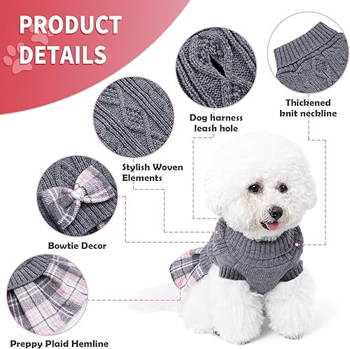 WOYYHO Girl Dog Sweater Dress with Bowtie Turtleneck Small Dogs Sweater with Leash Hole, Knitted Small Dog Sweaters Dress Puppy Winter Clothes for Yorkies Chihuahua (Large, Pink)(Grey,Small (5-9lbs))