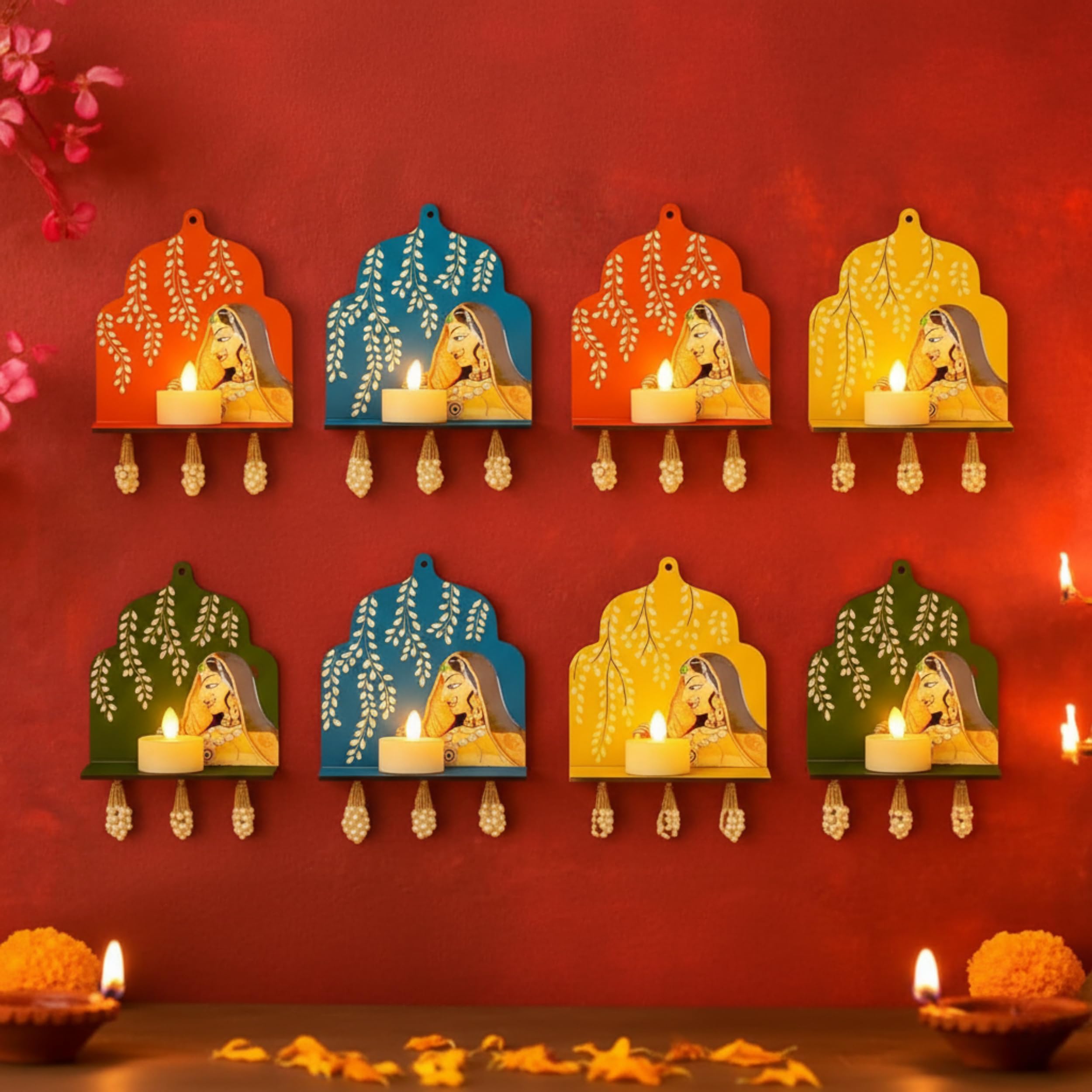 CraftVatika Diwali Decoration Items LED Jharokha Diya Set of 8, Diwali Decor Items, LED Candles Wall Hanging Decorations, DIY Craft Traditional Wooden Jharokha Wall Decor for Living Room Festive Gift