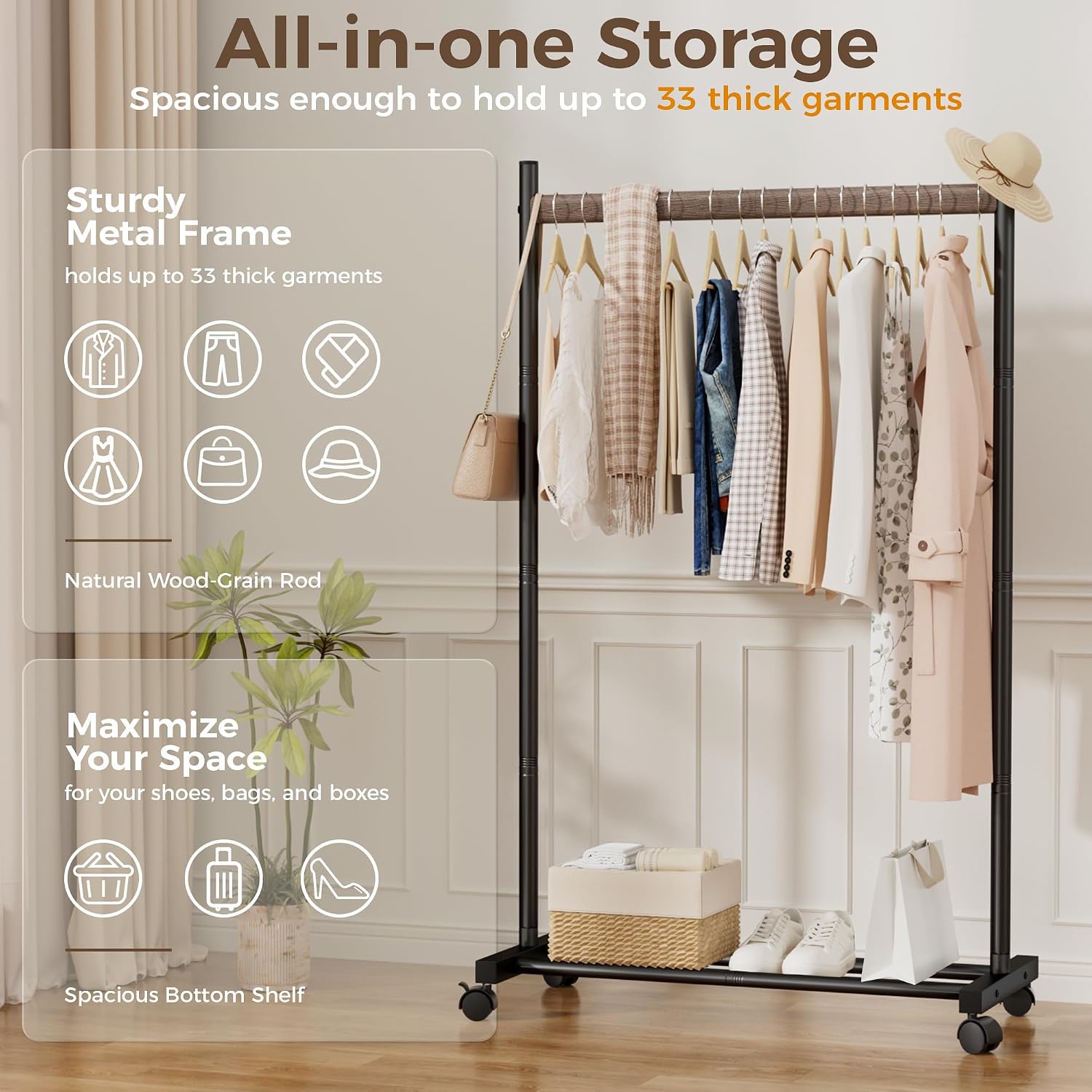 Black Clothing Rack for Hanging Clothes, Portable Rolling Clothes Rack with Wheels, Heavy-Duty Metal Garment Racks with Bottom Shelf, Large Load Capacity & Easy Assembly